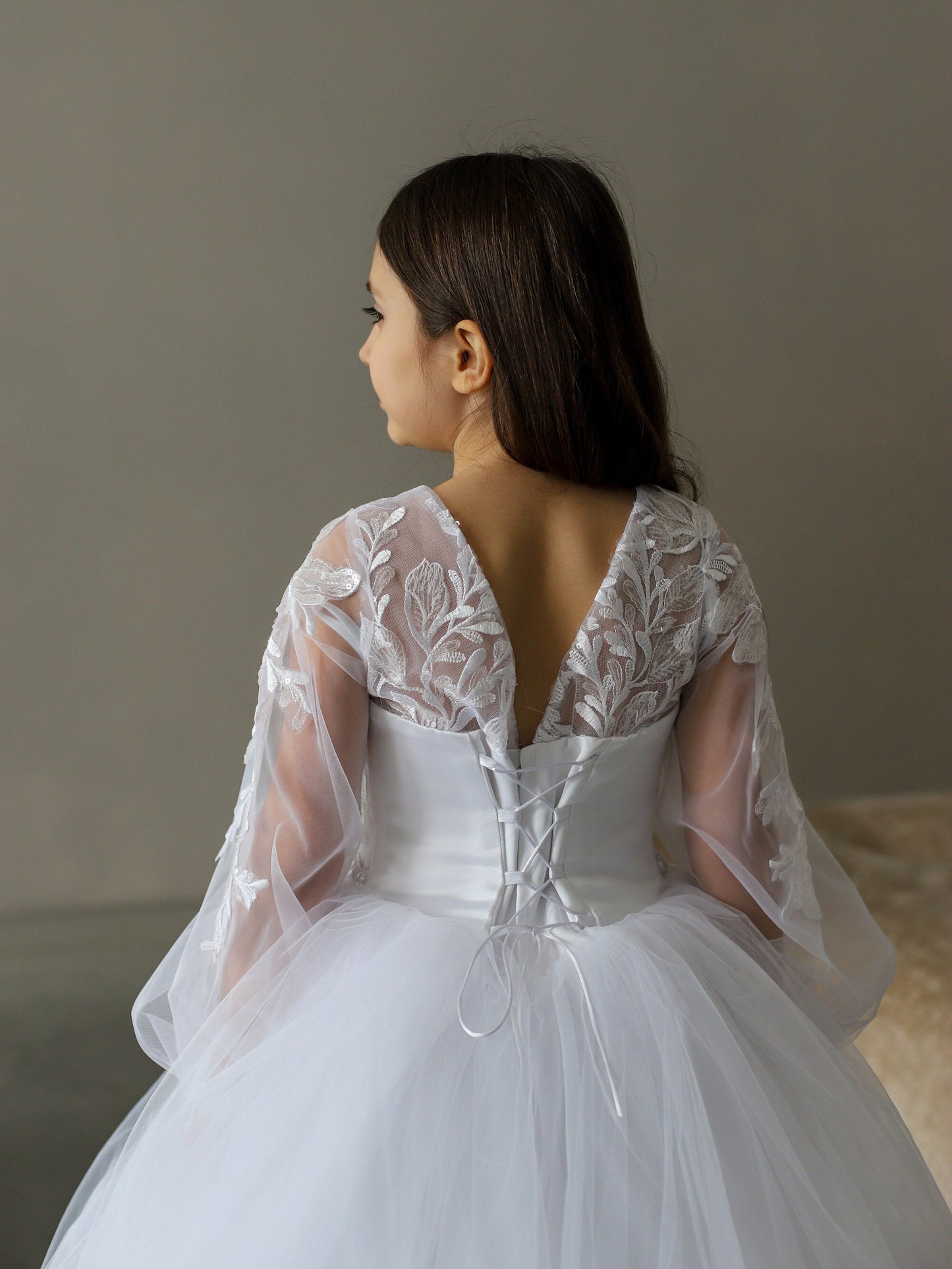 White Lace First Communion dress long puffy sleeve, Flower Girl Dress, wedding guest tulle dress, Baptism gown, Junior Bridesmaid dress