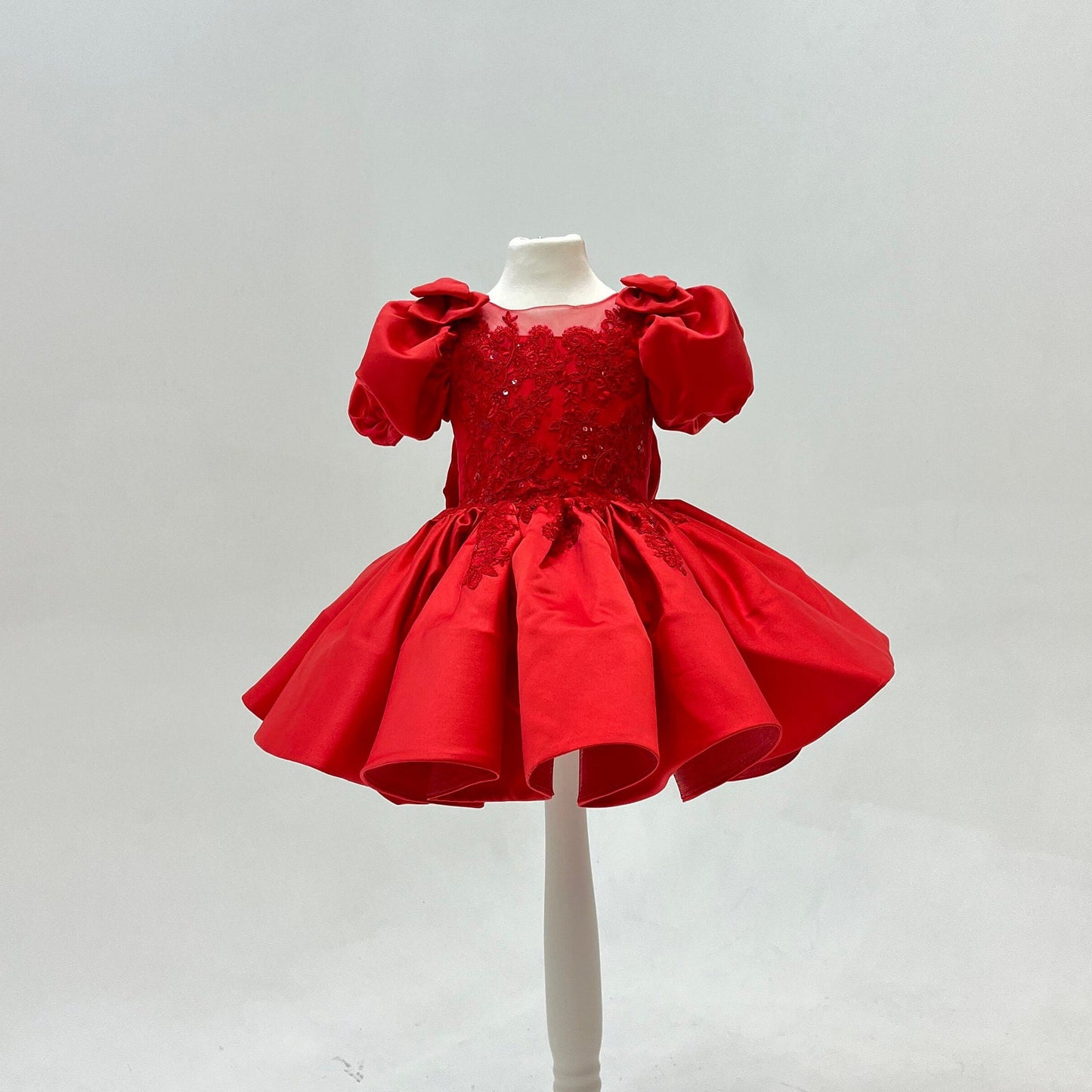 Xmas Red Girl Dress, Christmas Photoshoot Toddler Gown, Tutu Girl Dress puffy sleeves, Kids Christmas outfit, special occasion satin dress