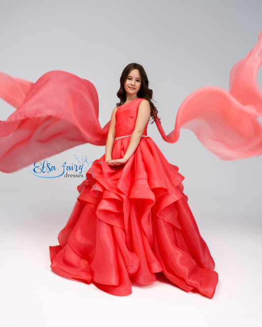 Red pageant girl dress with beaded shoulders and waist, flower girl dress, long formal wear, organza tulle dress, birthday ball gown
