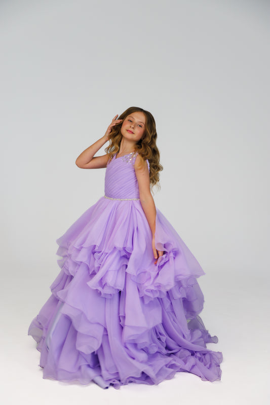 Lilac pageant chiffon girl dress with beaded shoulders and waist, flower girl dress, long formal wear, organza tulle dress, birthday ball gown