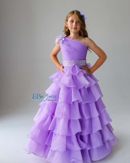 Lilac pageant girl dress with beaded shoulders and waist, flower girl dress, long formal wear, organza tulle dress, birthday ball gown