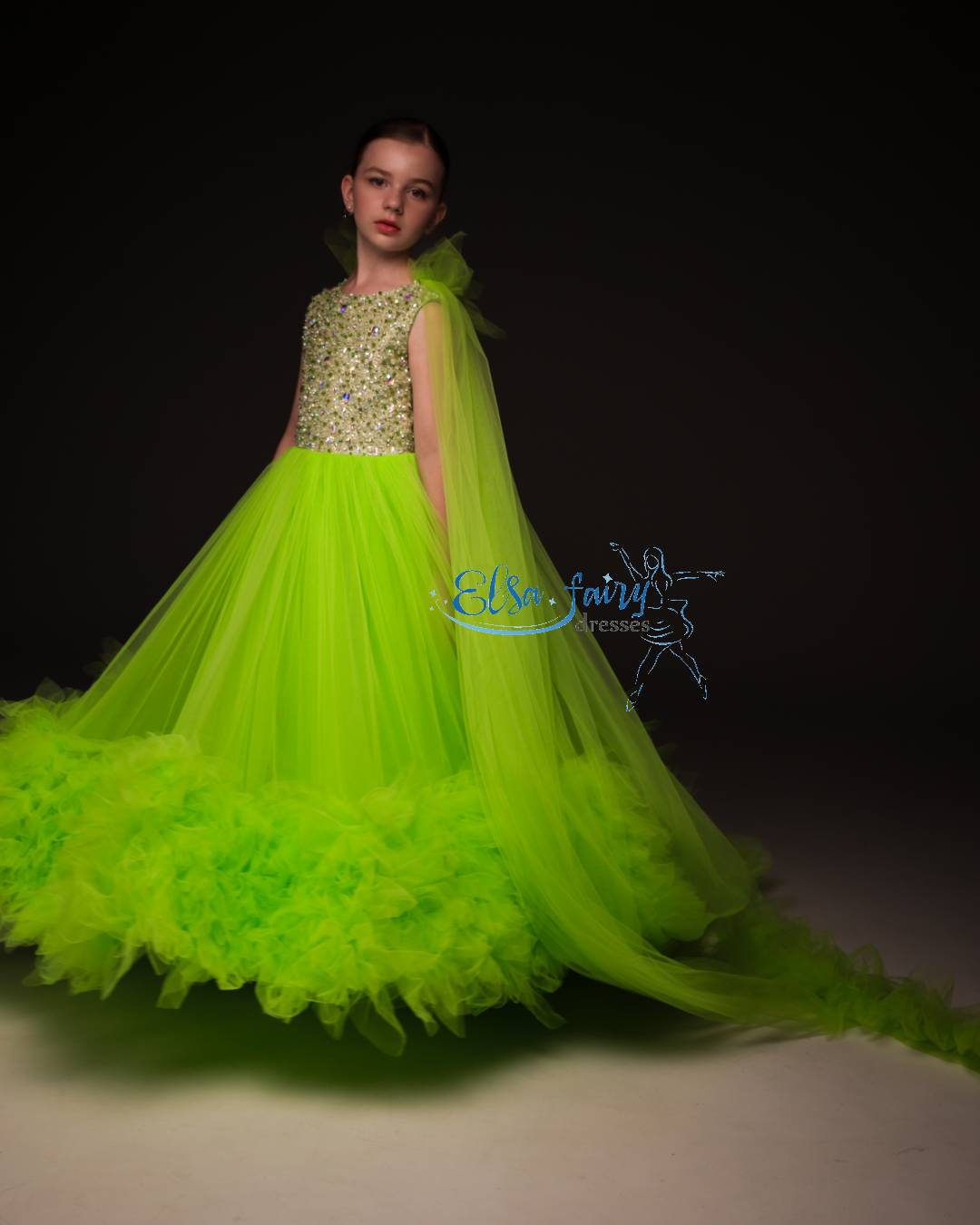 Green pageant girl dress with beaded bodice, flower girl dress, long formal wear, tulle dress, birthday ball gown