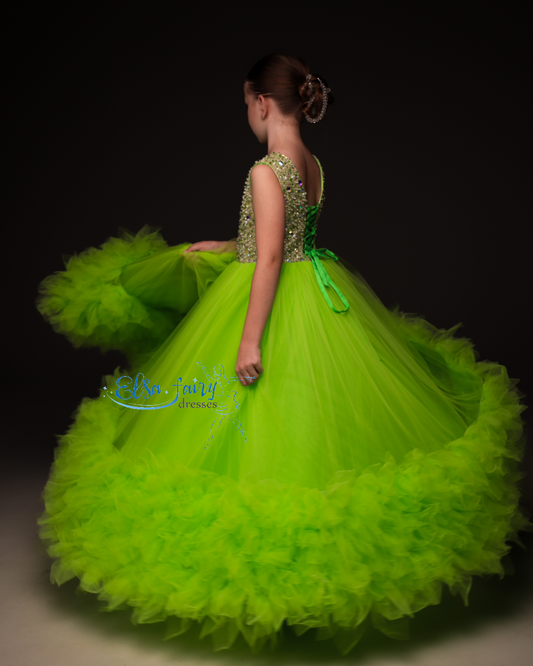 Green pageant girl dress with beaded bodice, flower girl dress, long formal wear, tulle dress, birthday ball gown