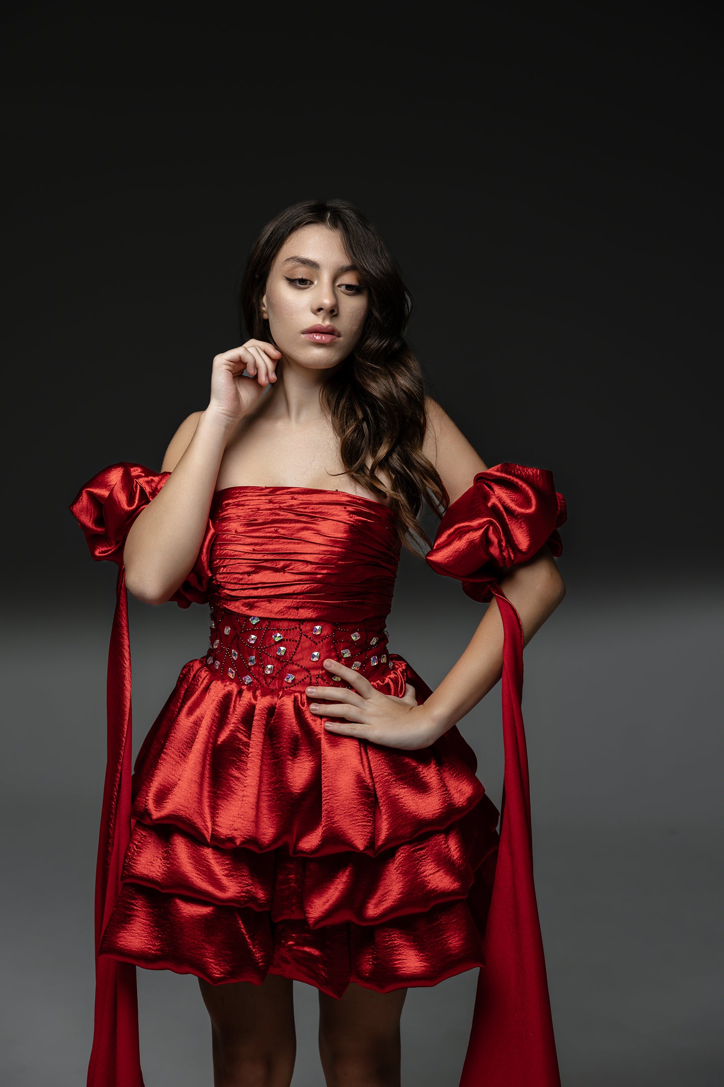 Red Cocktail Couture Gown, Flower Girl Dress, Wedding guest Dress, Pageant Interview Dress