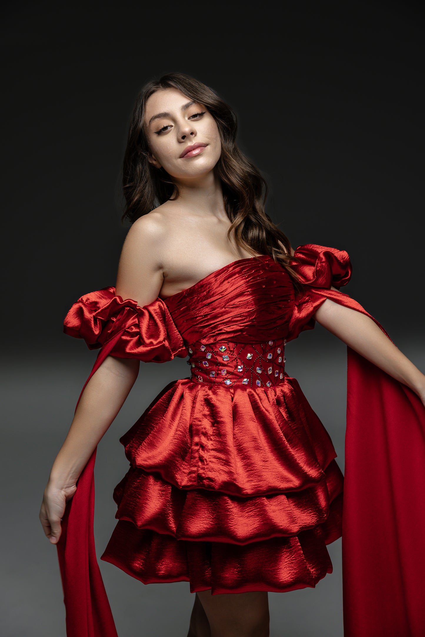 Red Cocktail Couture Gown, Flower Girl Dress, Wedding guest Dress, Pageant Interview Dress