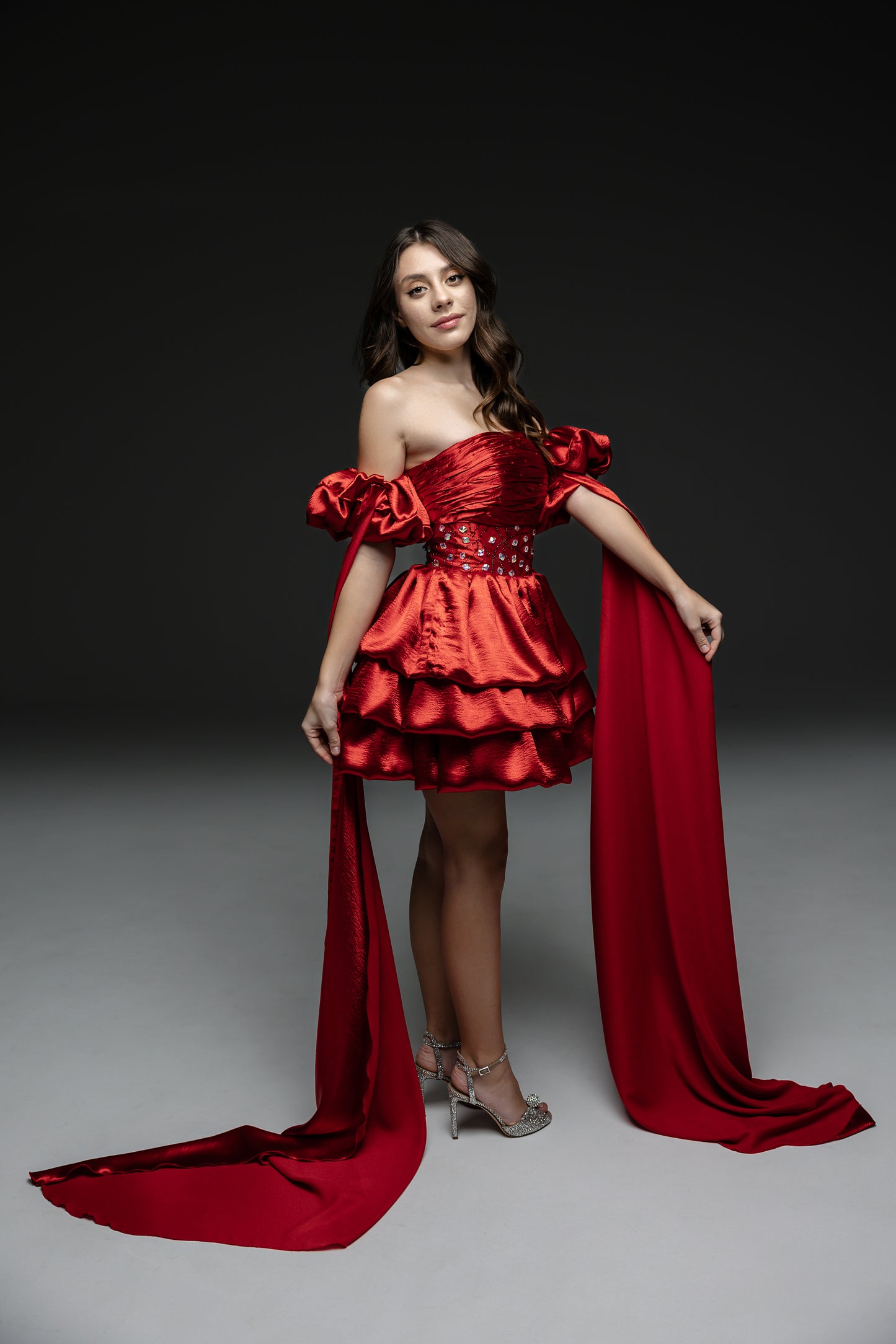 Red Cocktail Couture Gown, Flower Girl Dress, Wedding guest Dress, Pageant Interview Dress