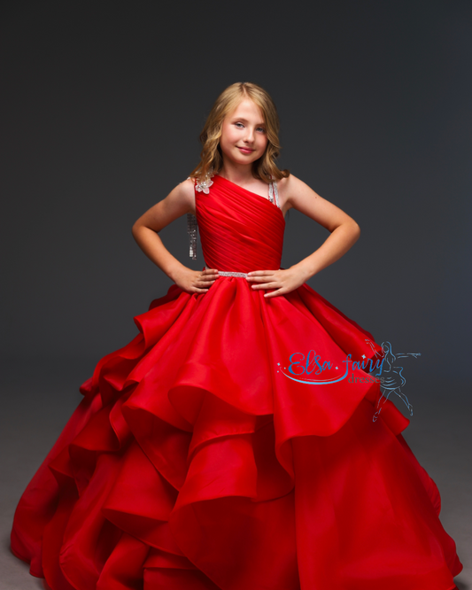 Red pageant girl dress with beaded shoulders and waist, flower girl dress, long formal wear, organza tulle dress, birthday ball gown