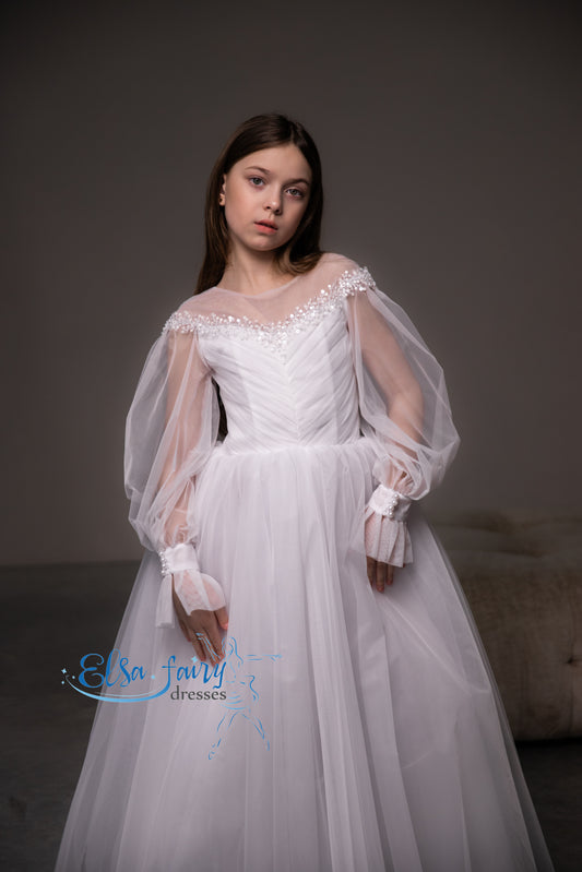 White First Communion & Baptism dress, Flower Girl Dress, wedding guest dress, formal wear, special occasion gown, Junior Bridesmaid dress