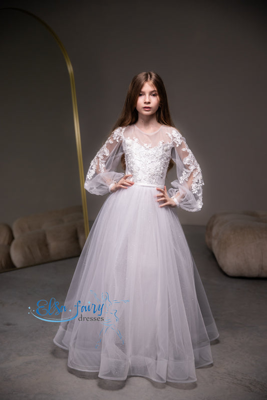 White First Communion & Baptism dress, Flower Girl Dress, wedding guest dress, formal wear, special occasion gown, Junior Bridesmaid dress
