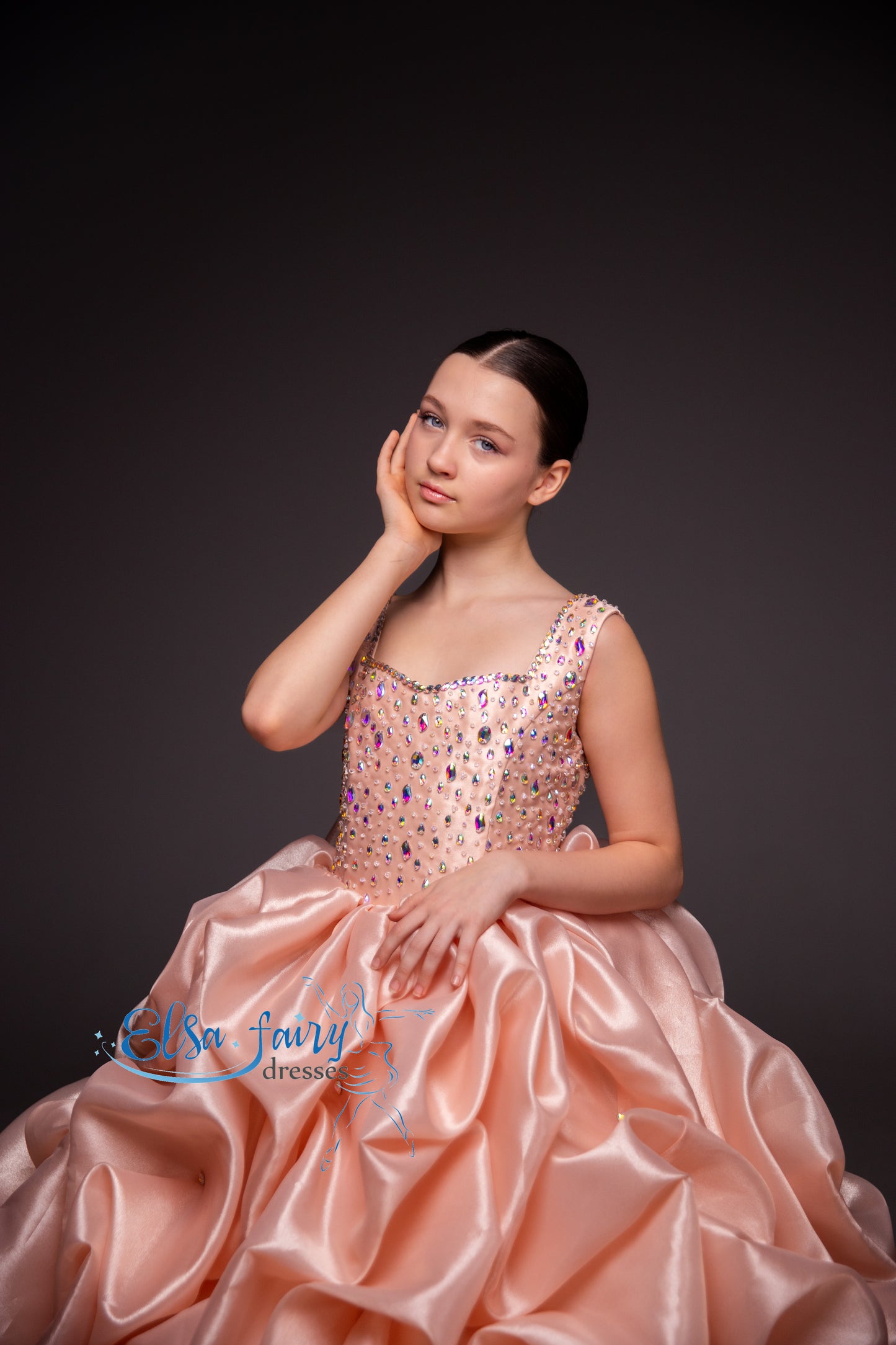 Peach couture evening gown, Pageant ball gown, Birthday Girl Dress