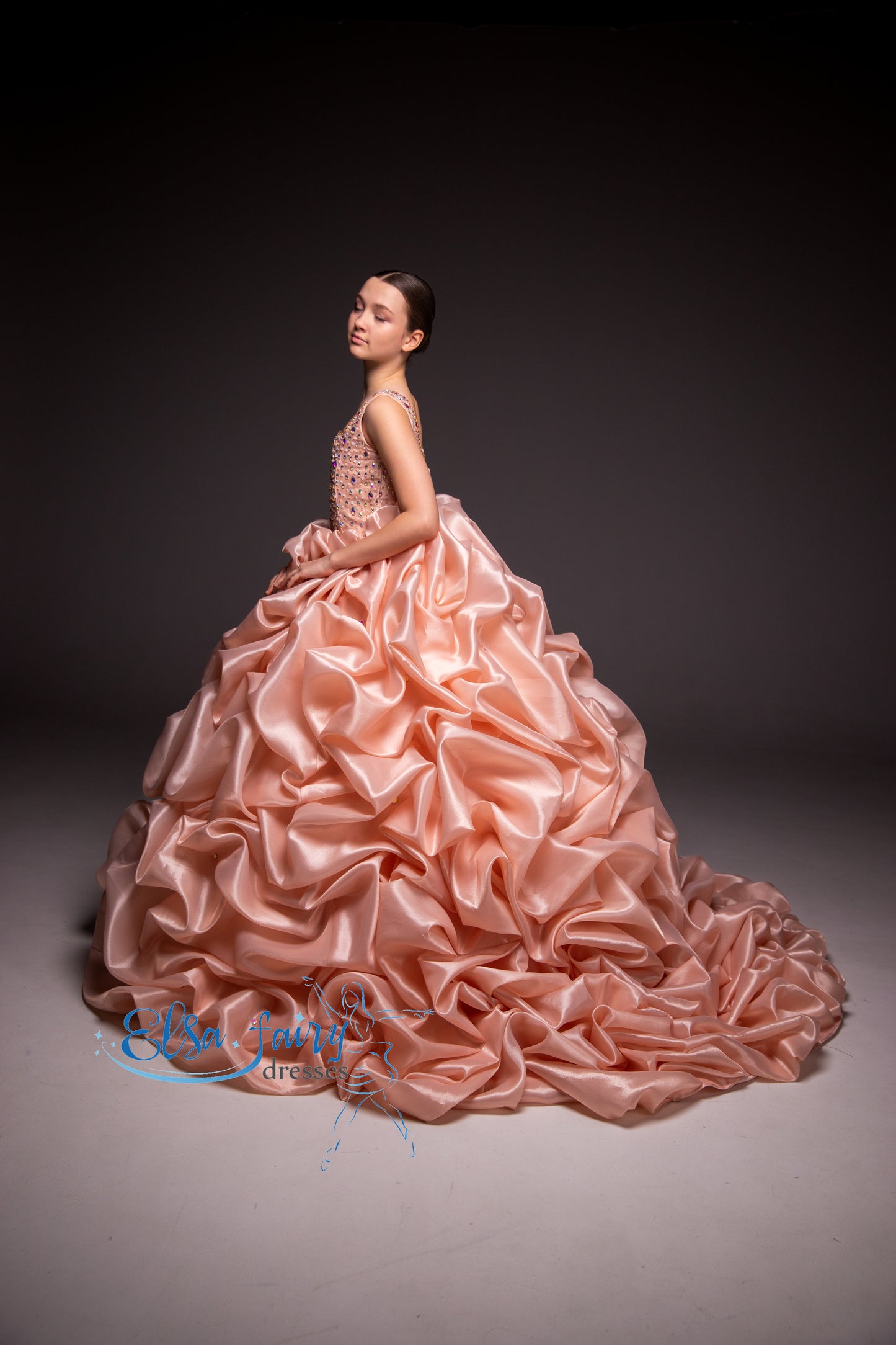 Peach couture evening gown, Pageant ball gown, Birthday Girl Dress
