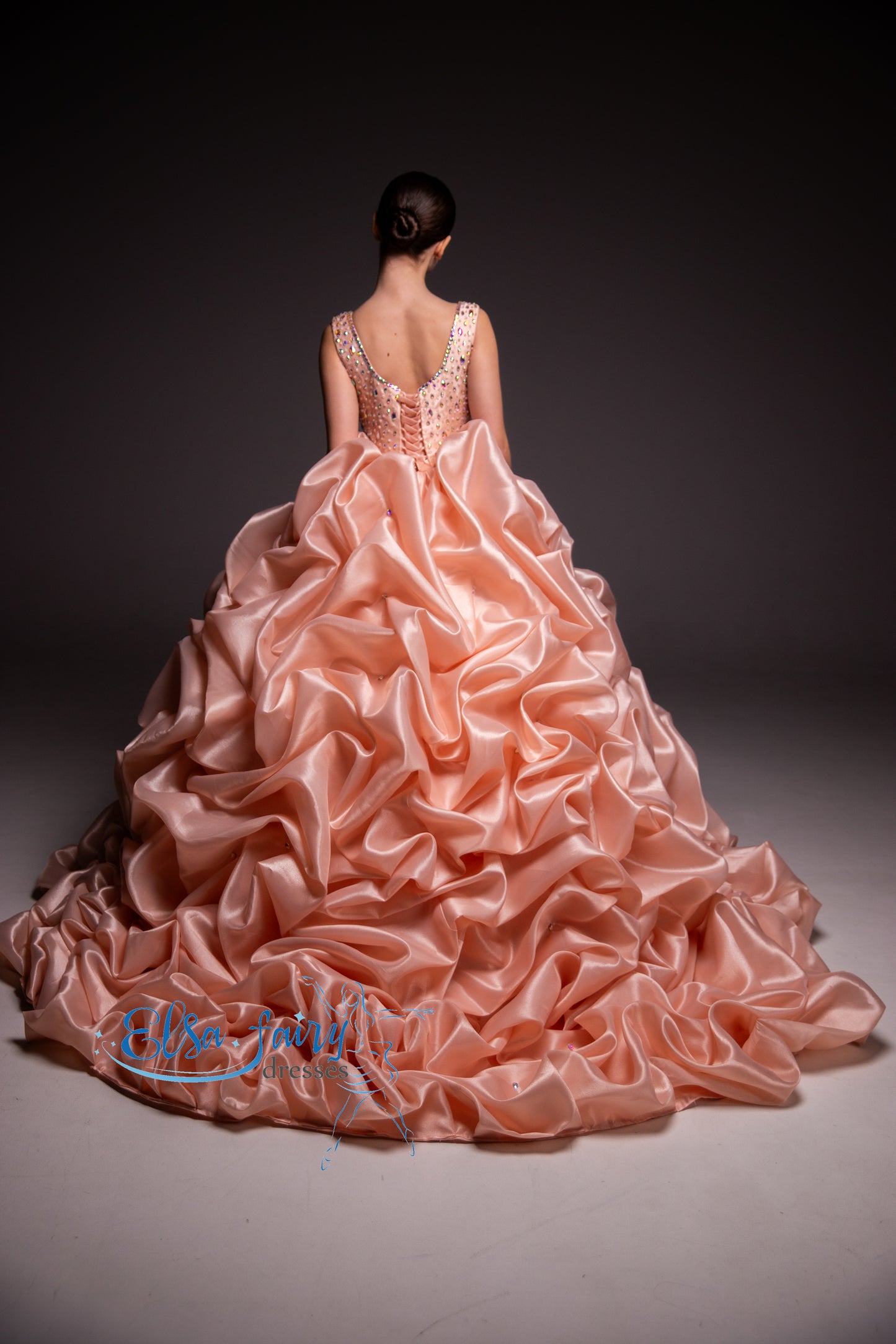 Peach couture evening gown, Pageant ball gown, Birthday Girl Dress