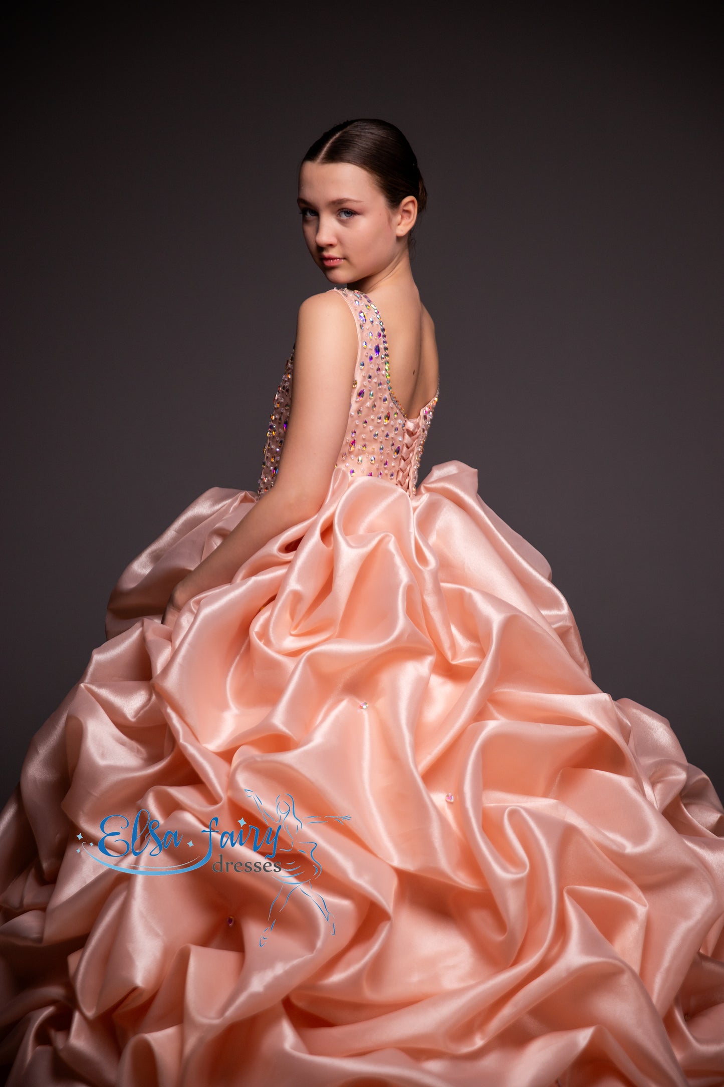 Peach couture evening gown, Pageant ball gown, Birthday Girl Dress