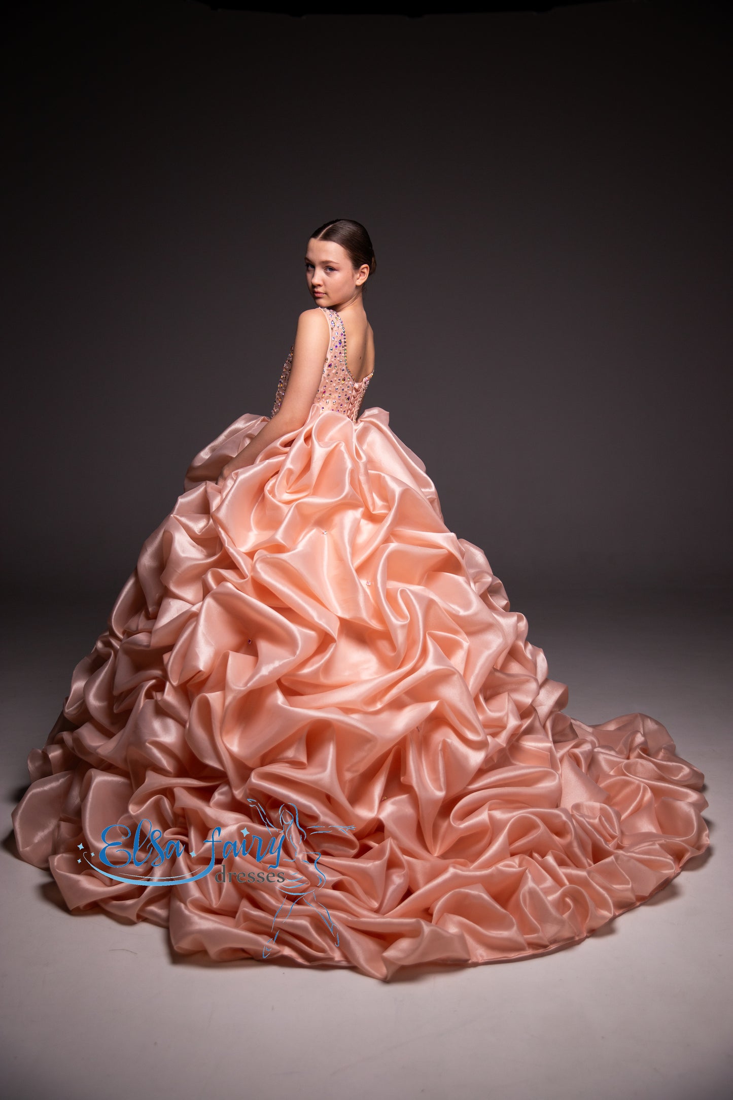 Peach couture evening gown, Pageant ball gown, Birthday Girl Dress