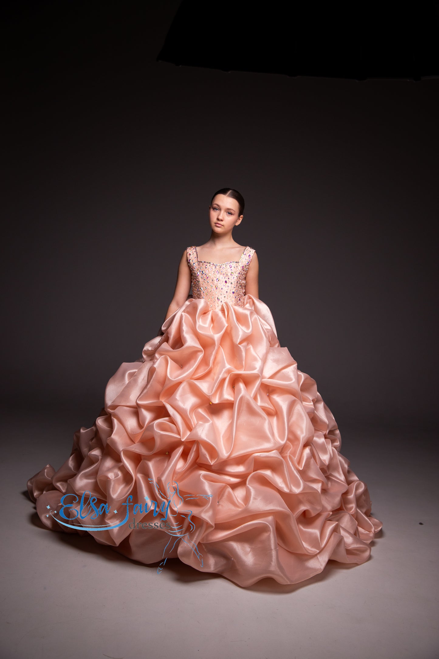 Peach couture evening gown, Pageant ball gown, Birthday Girl Dress