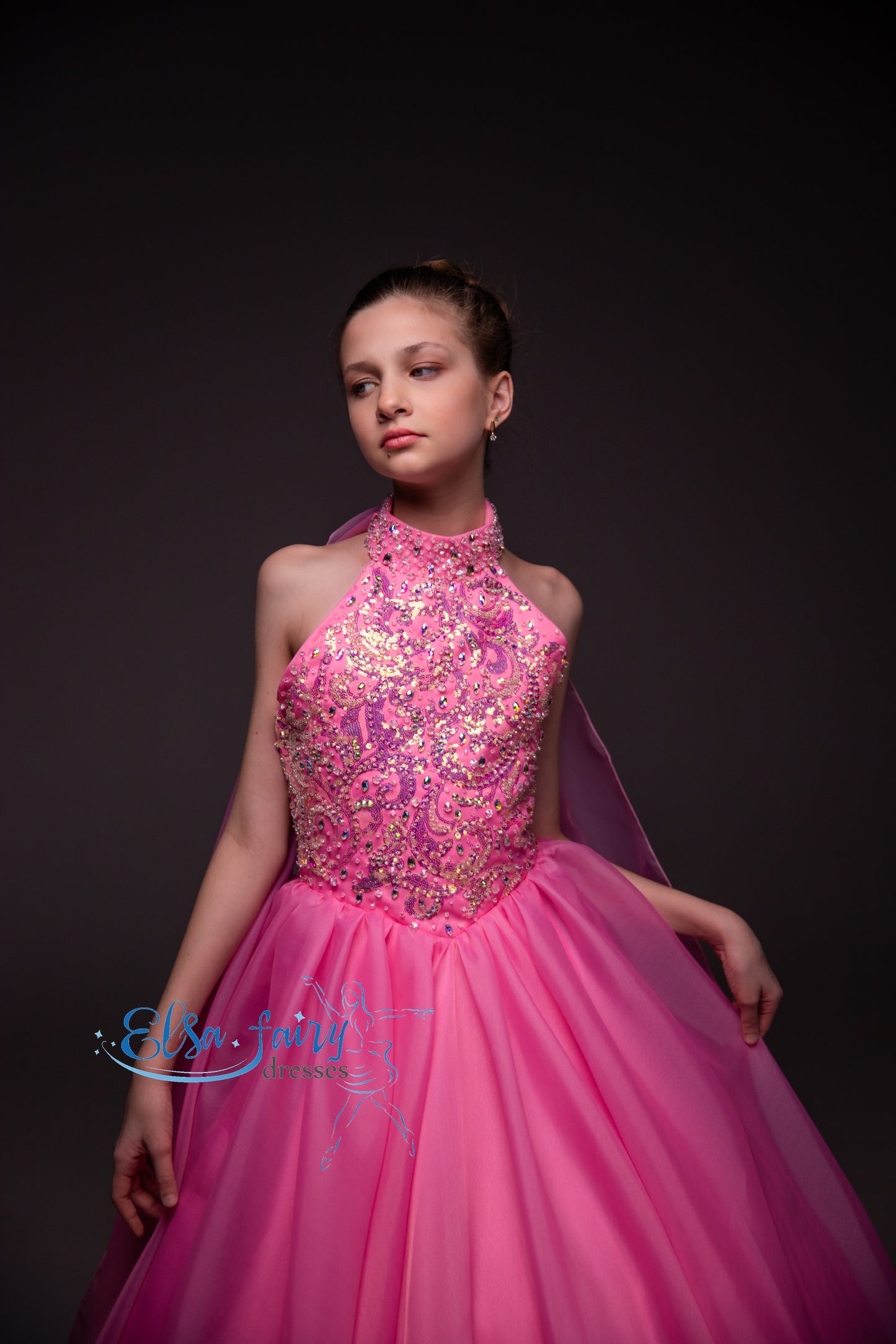 Pink pageant girl dress with beaded bodice, flower girl dress, long formal wear, organza ball gown