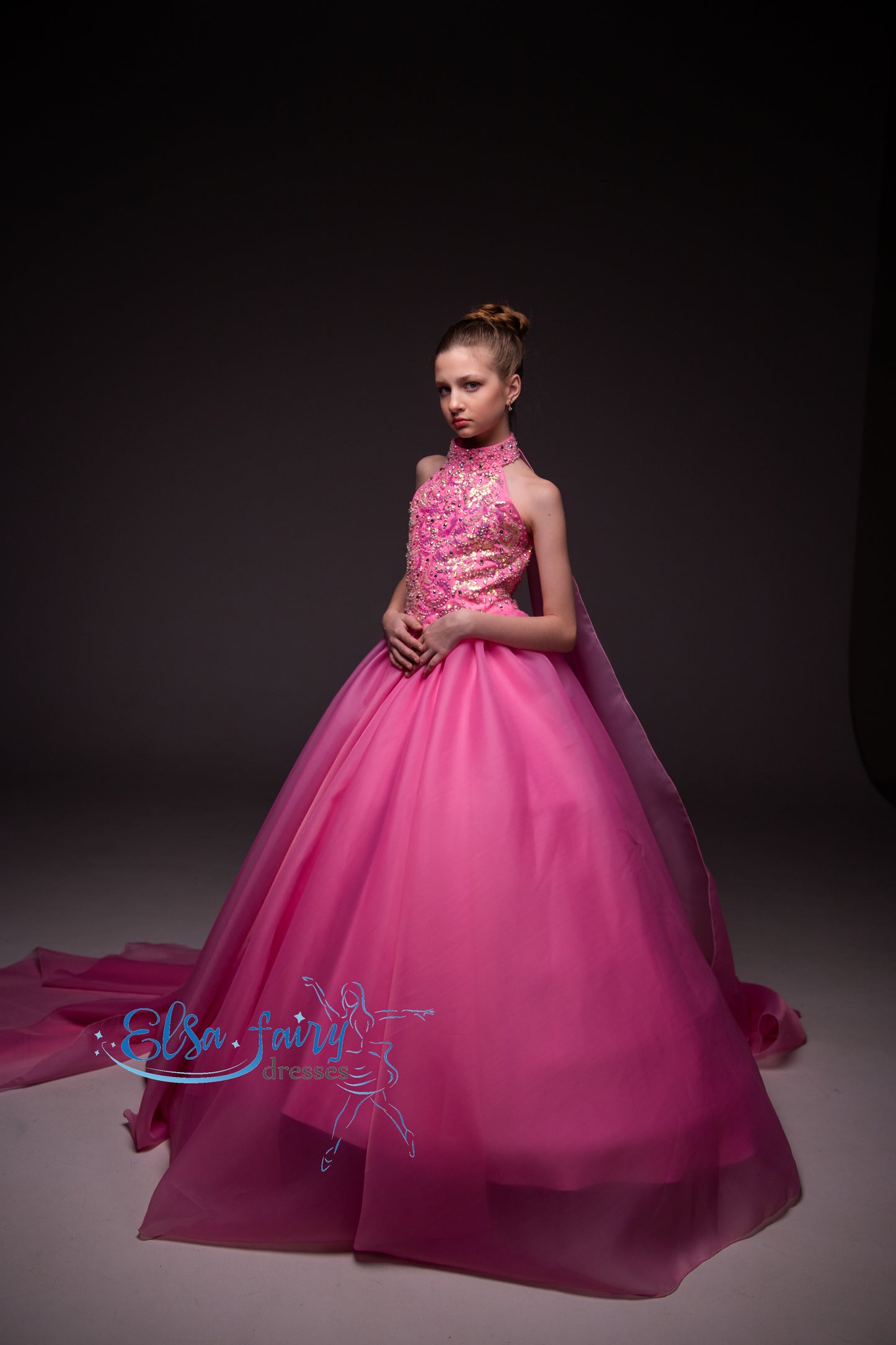Pink pageant girl dress with beaded bodice, flower girl dress, long formal wear, organza ball gown