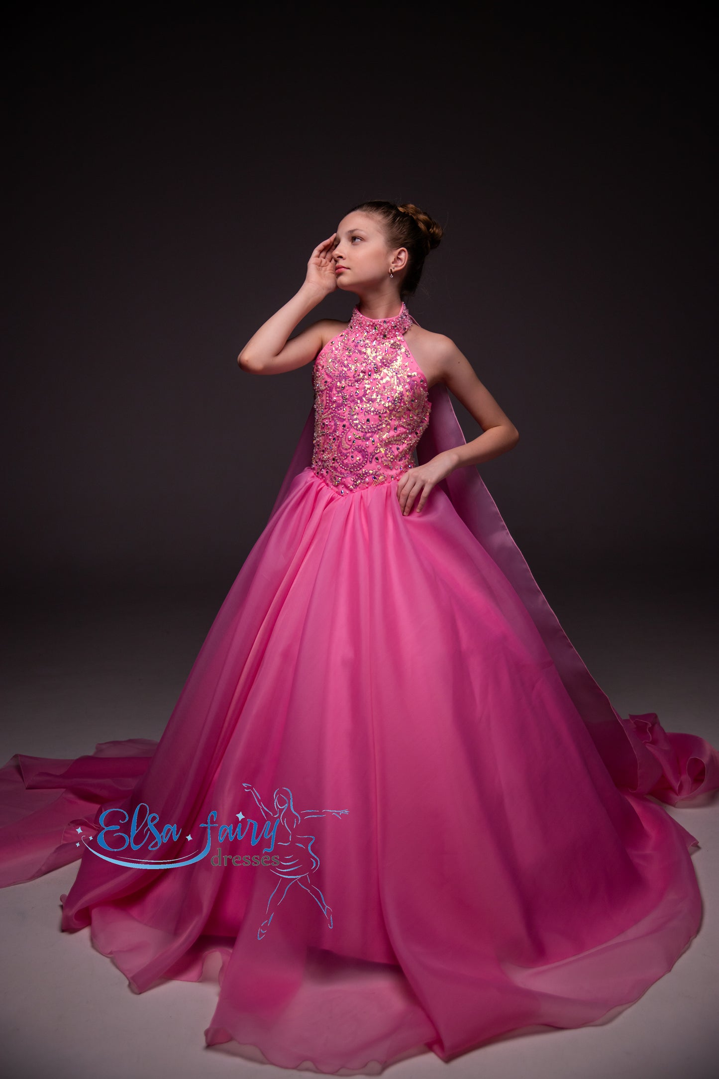 Pink pageant girl dress with beaded bodice, flower girl dress, long formal wear, organza ball gown
