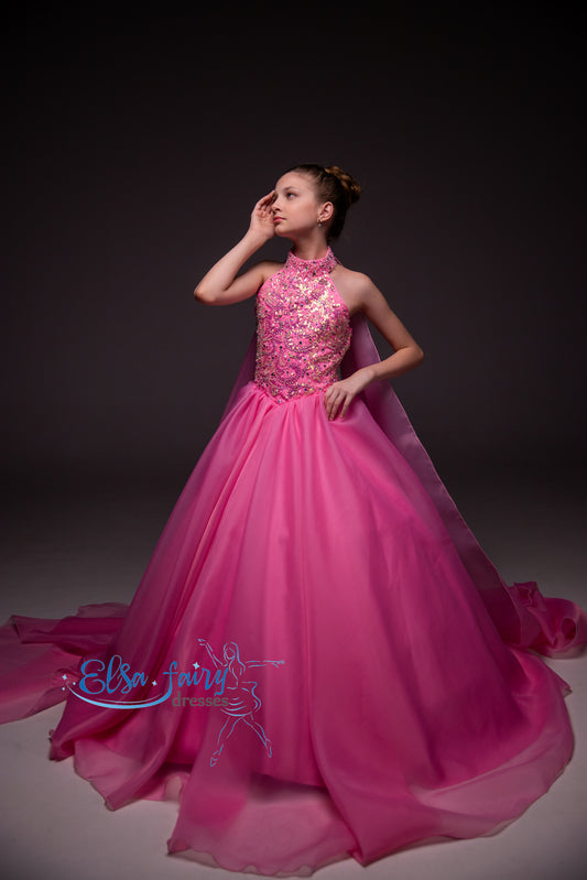 Pink pageant girl dress with beaded bodice, flower girl dress, long formal wear, organza ball gown