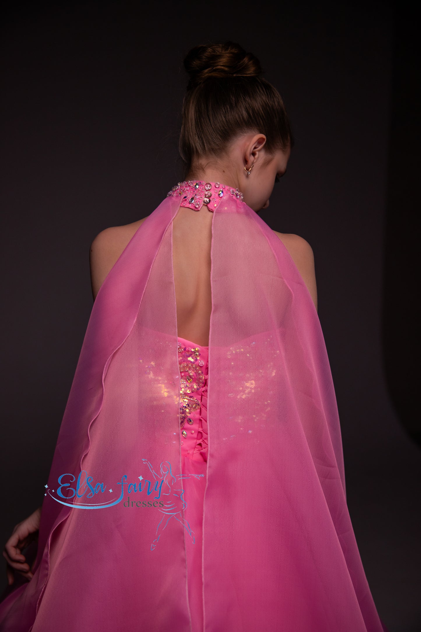 Pink pageant girl dress with beaded bodice, flower girl dress, long formal wear, organza ball gown