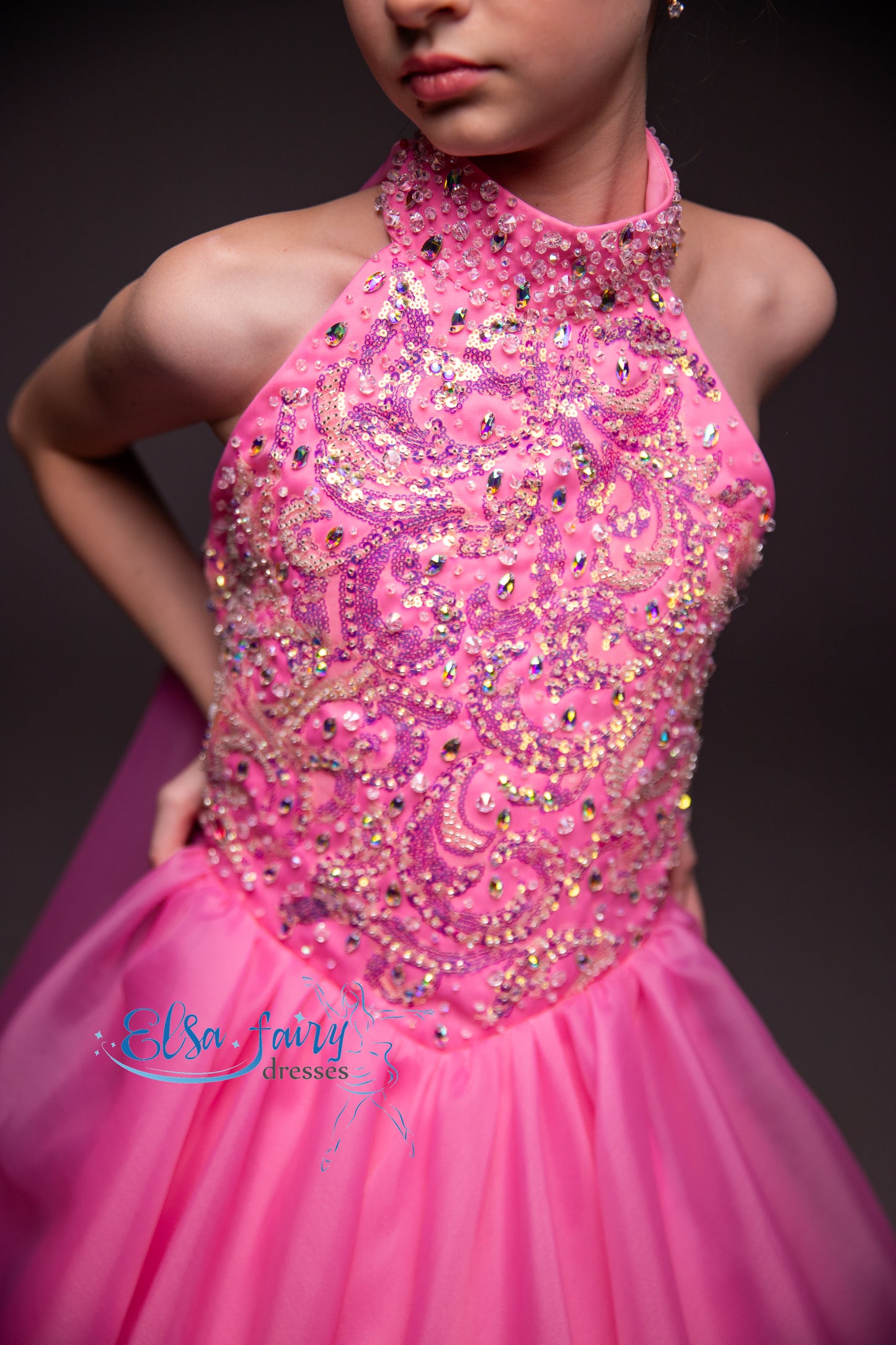 Pink pageant girl dress with beaded bodice, flower girl dress, long formal wear, organza ball gown