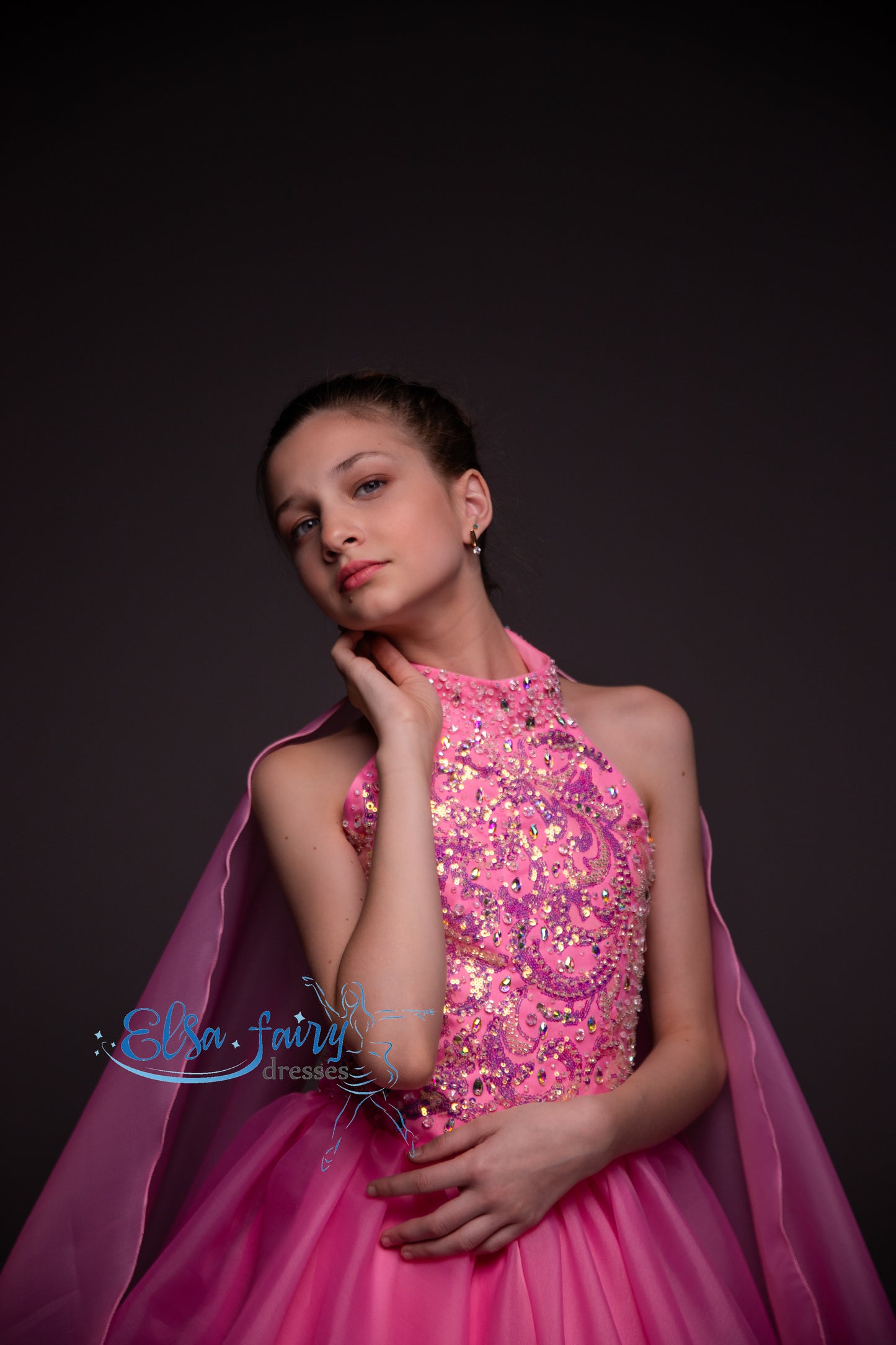 Pink pageant girl dress with beaded bodice, flower girl dress, long formal wear, organza ball gown