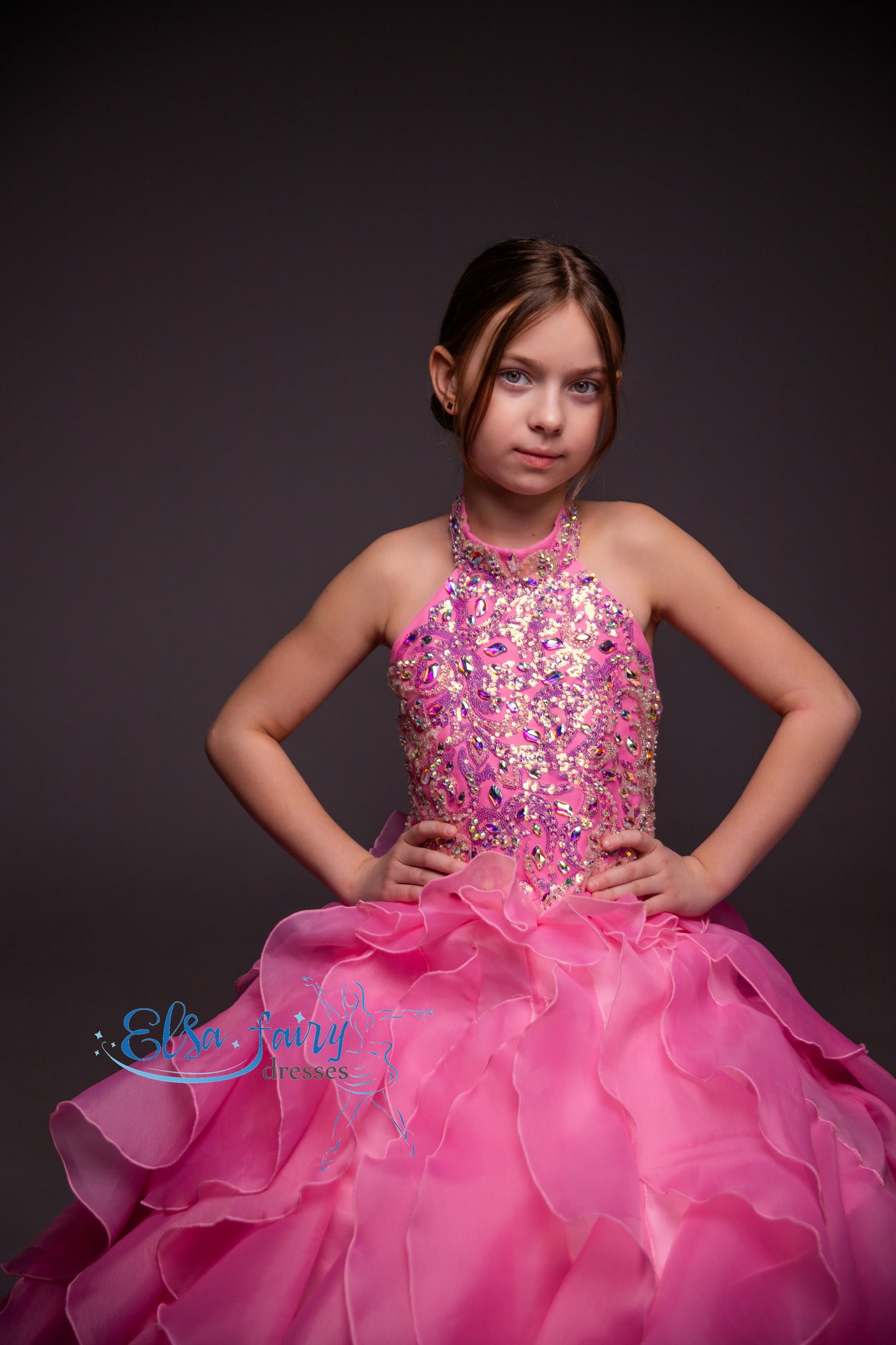 Pink pageant girl dress with beaded bodice, flower girl dress, long formal wear, organza ball gown