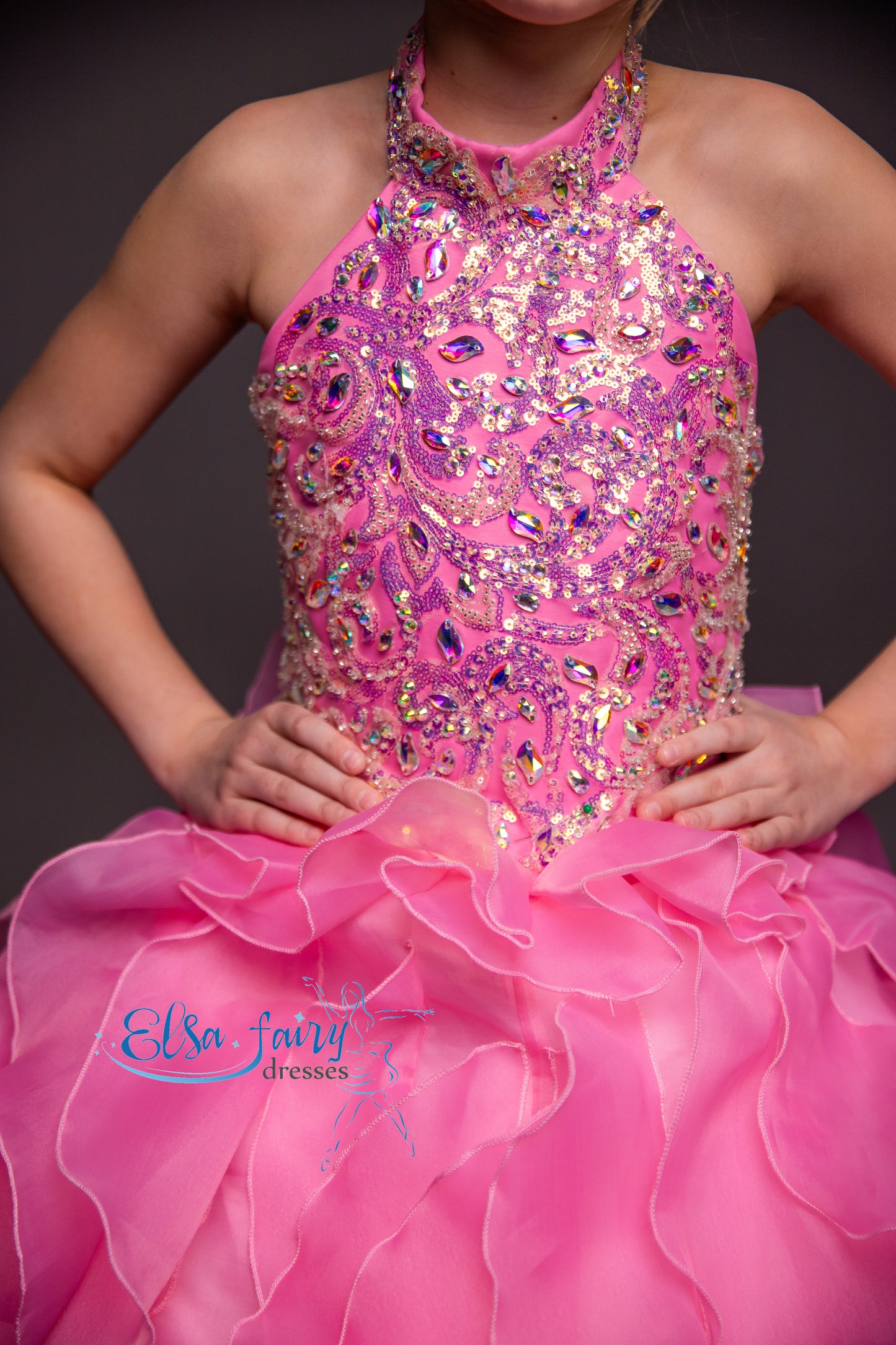 Pink pageant girl dress with beaded bodice, flower girl dress, long formal wear, organza ball gown