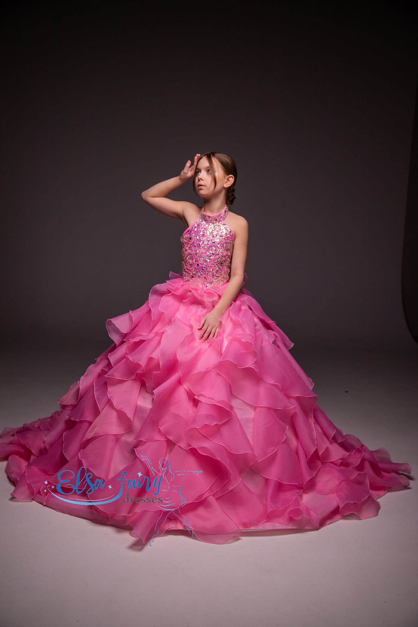 Pink pageant girl dress with beaded bodice, flower girl dress, long formal wear, organza ball gown