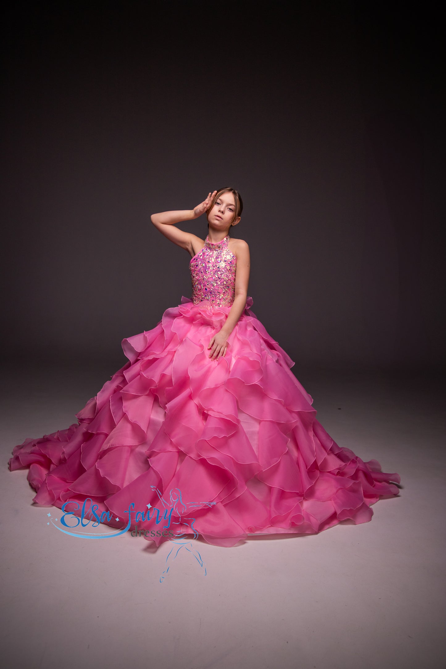 Pink pageant girl dress with beaded bodice, flower girl dress, long formal wear, organza ball gown