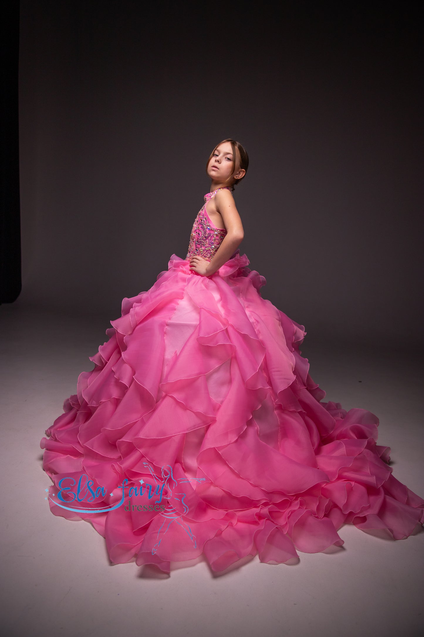 Pink pageant girl dress with beaded bodice, flower girl dress, long formal wear, organza ball gown