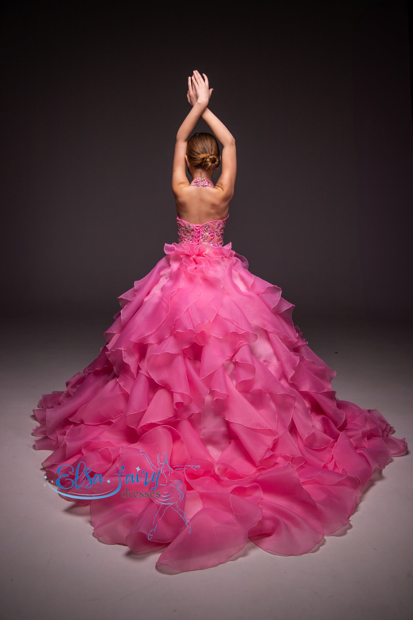 Pink pageant girl dress with beaded bodice, flower girl dress, long formal wear, organza ball gown