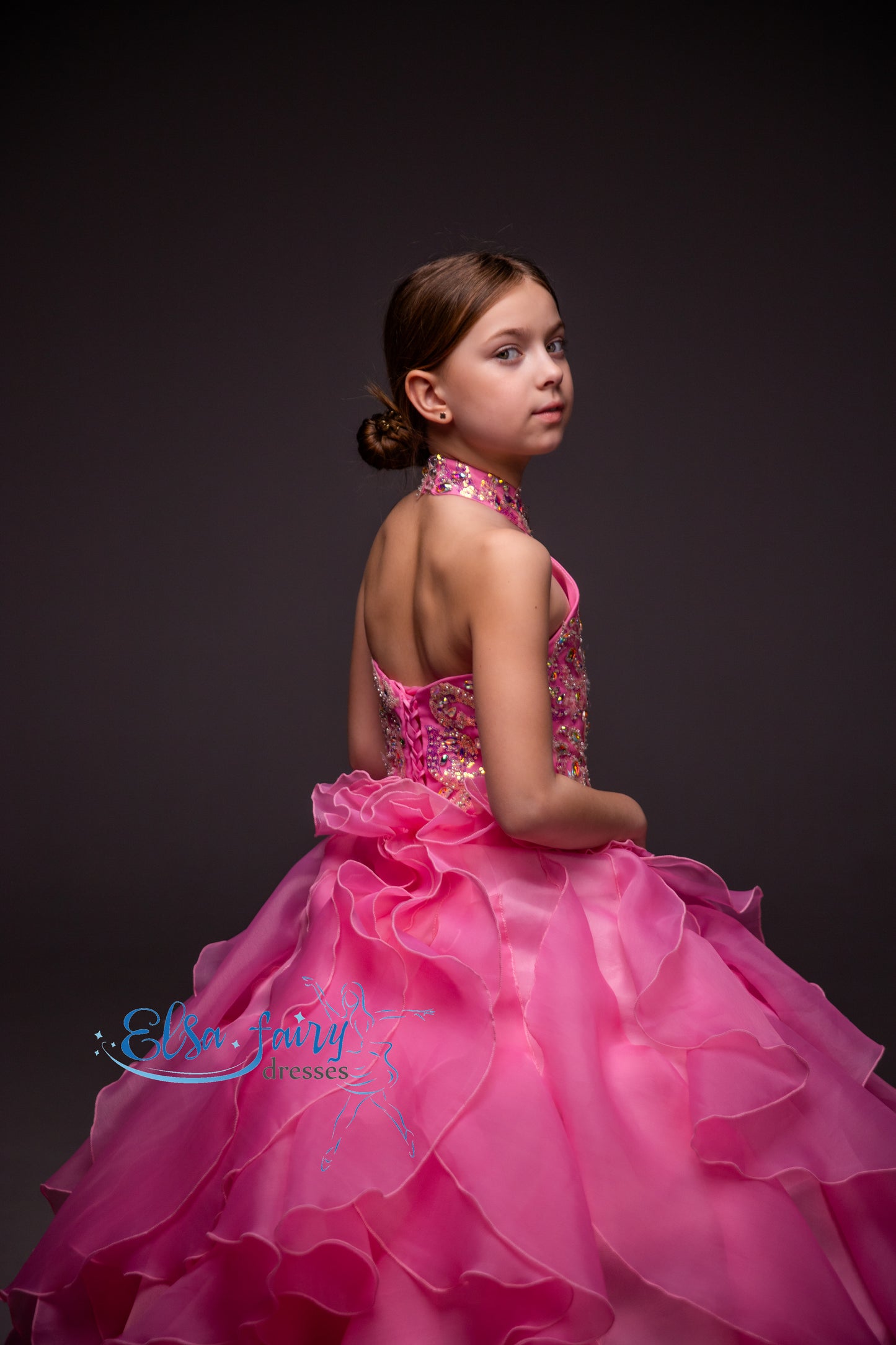 Pink pageant girl dress with beaded bodice, flower girl dress, long formal wear, organza ball gown