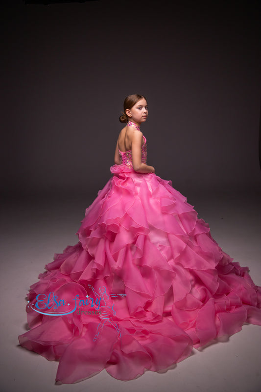 Pink pageant girl dress with beaded bodice, flower girl dress, long formal wear, organza ball gown