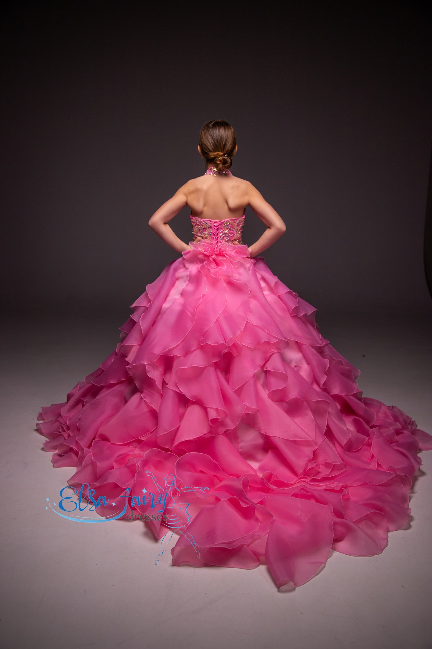 Pink pageant girl dress with beaded bodice, flower girl dress, long formal wear, organza ball gown