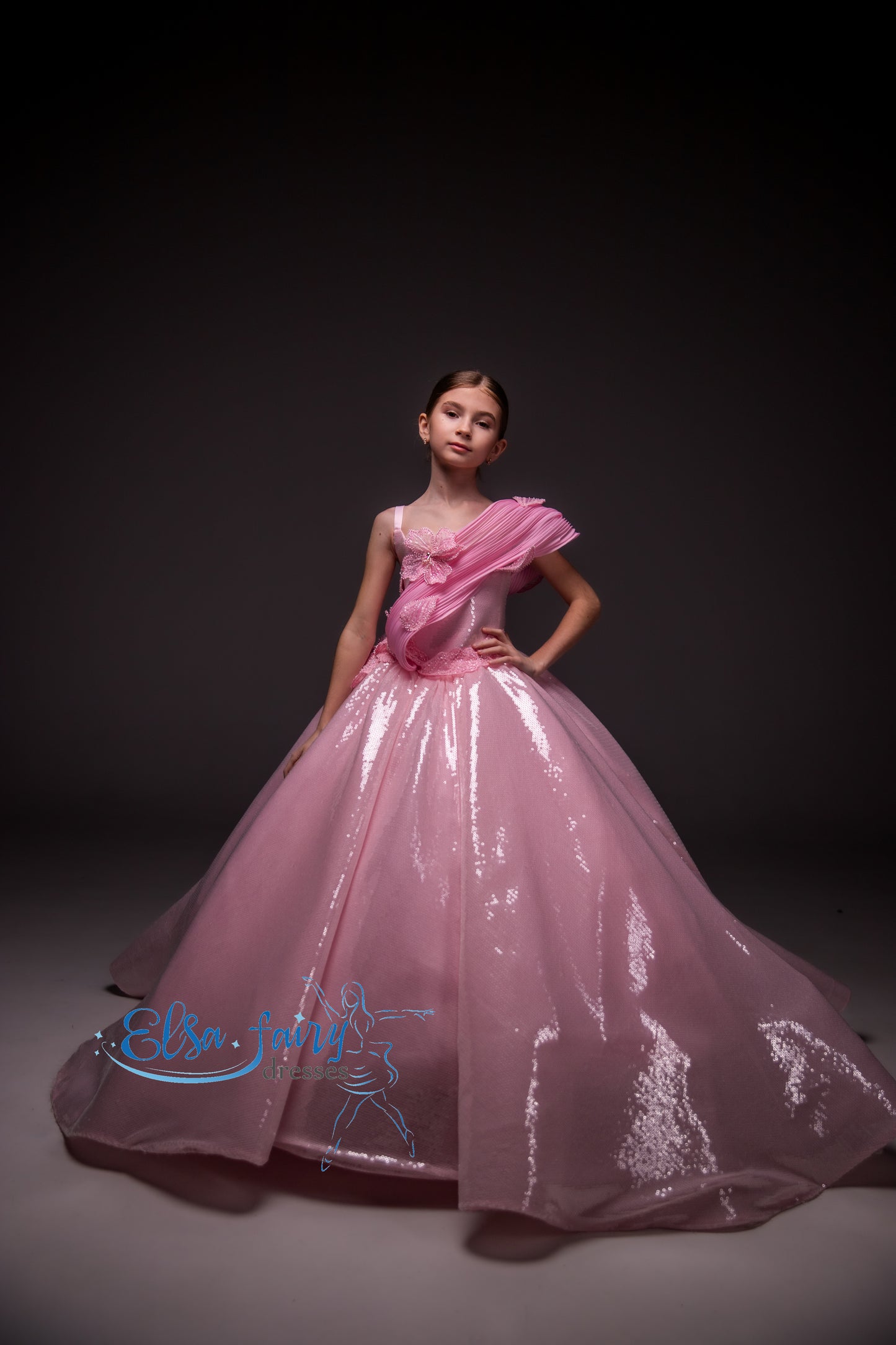 Pink couture Gala evening gown, Sequined Pageant ball gown, Birthday Girl Dress