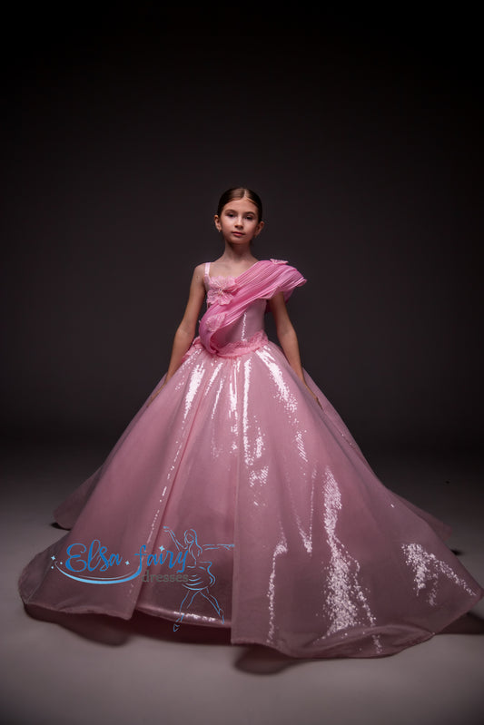 Pink couture Gala evening gown, Sequined Pageant ball gown, Birthday Girl Dress