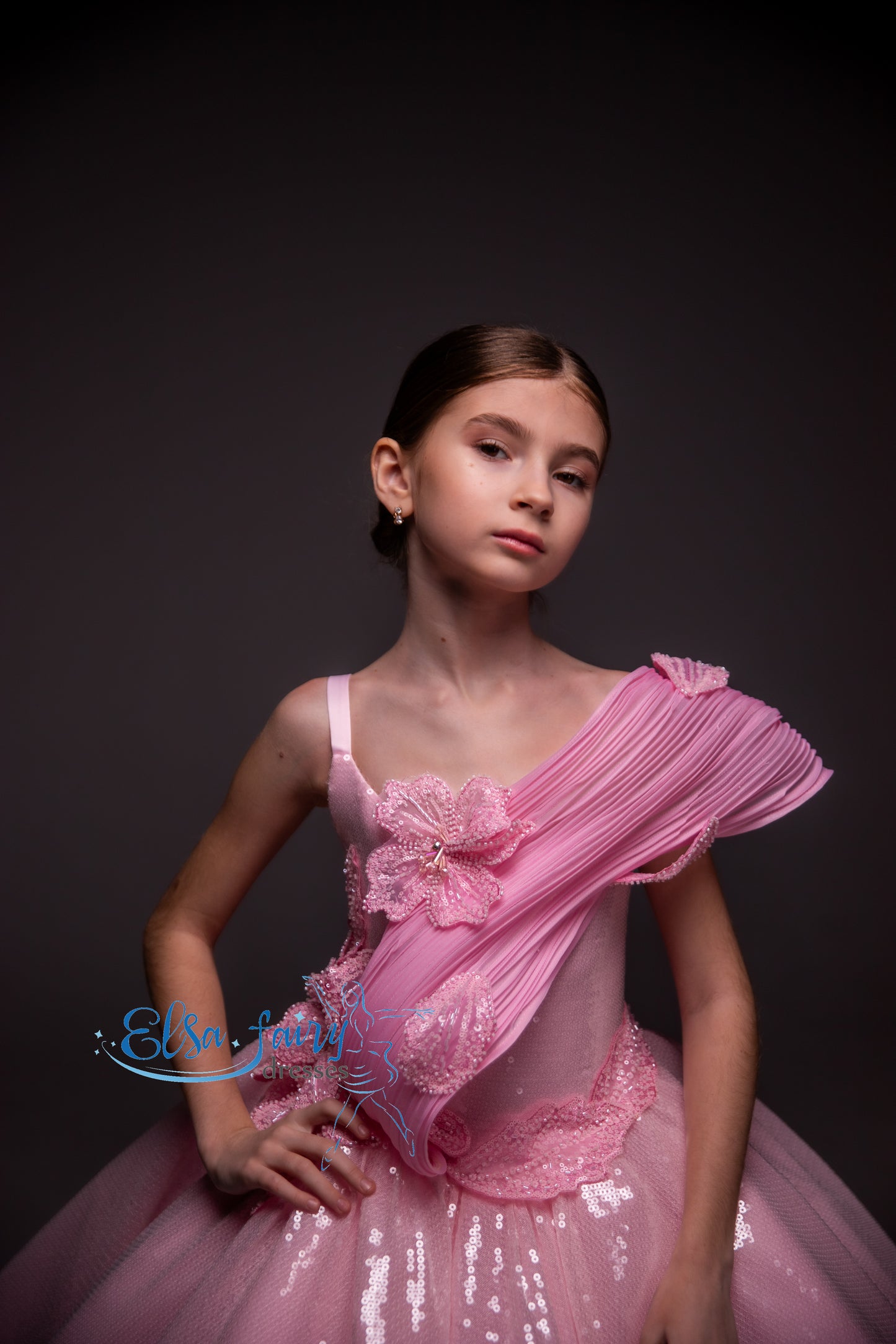 Pink couture Gala evening gown, Sequined Pageant ball gown, Birthday Girl Dress