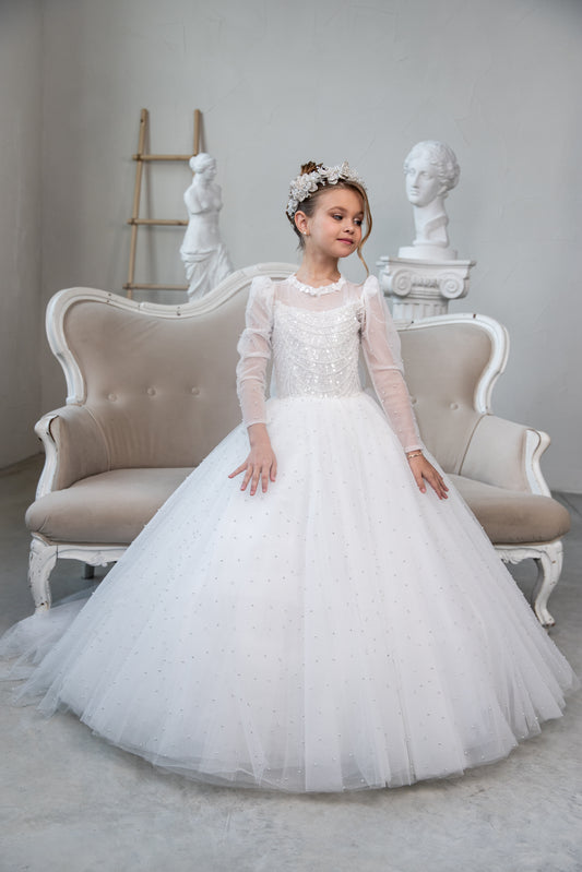 White Pearl Lased First Communion Dress: Handmade Lace Gown with puffy sleeves and train
