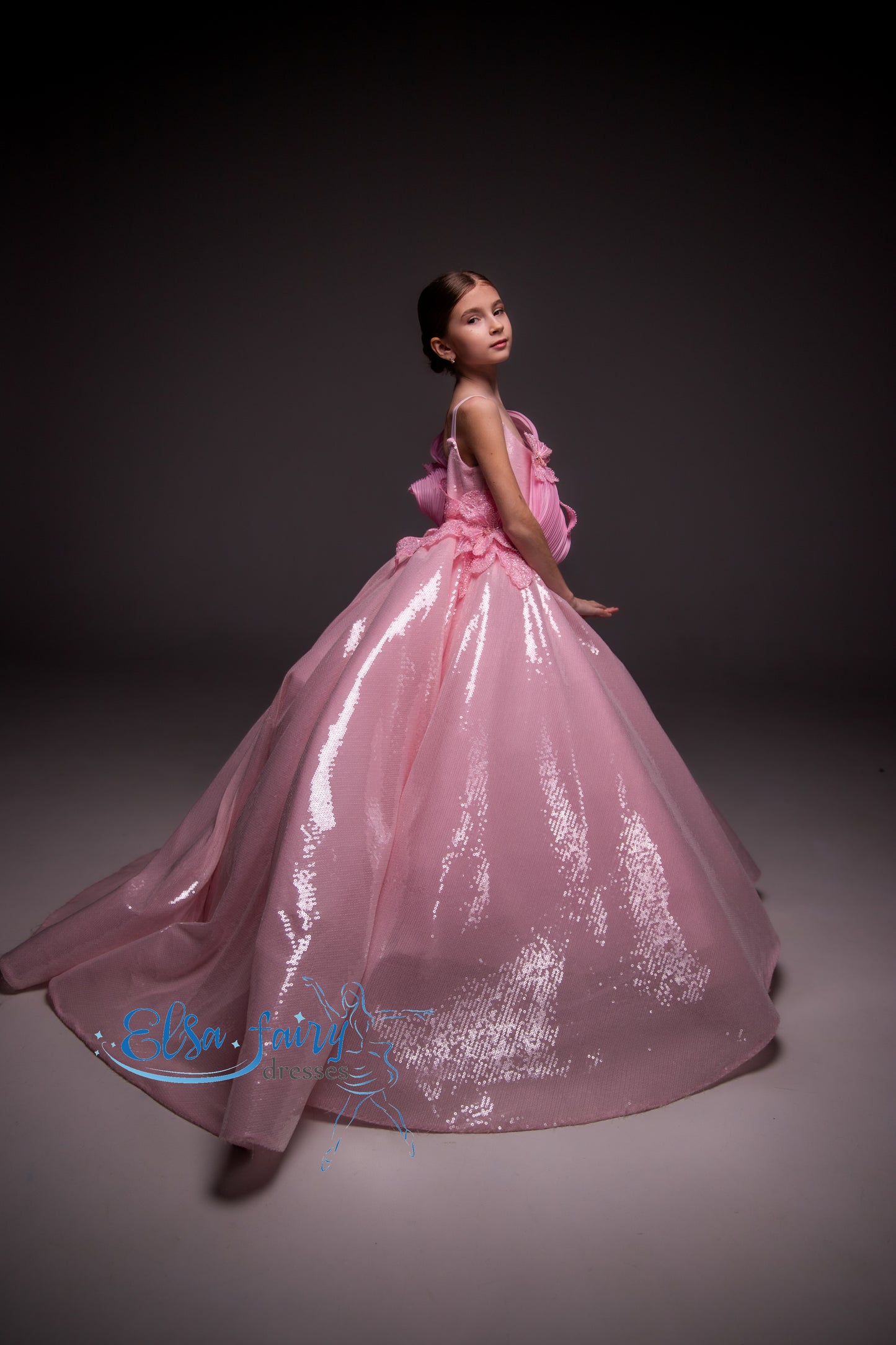 Pink couture Gala evening gown, Sequined Pageant ball gown, Birthday Girl Dress