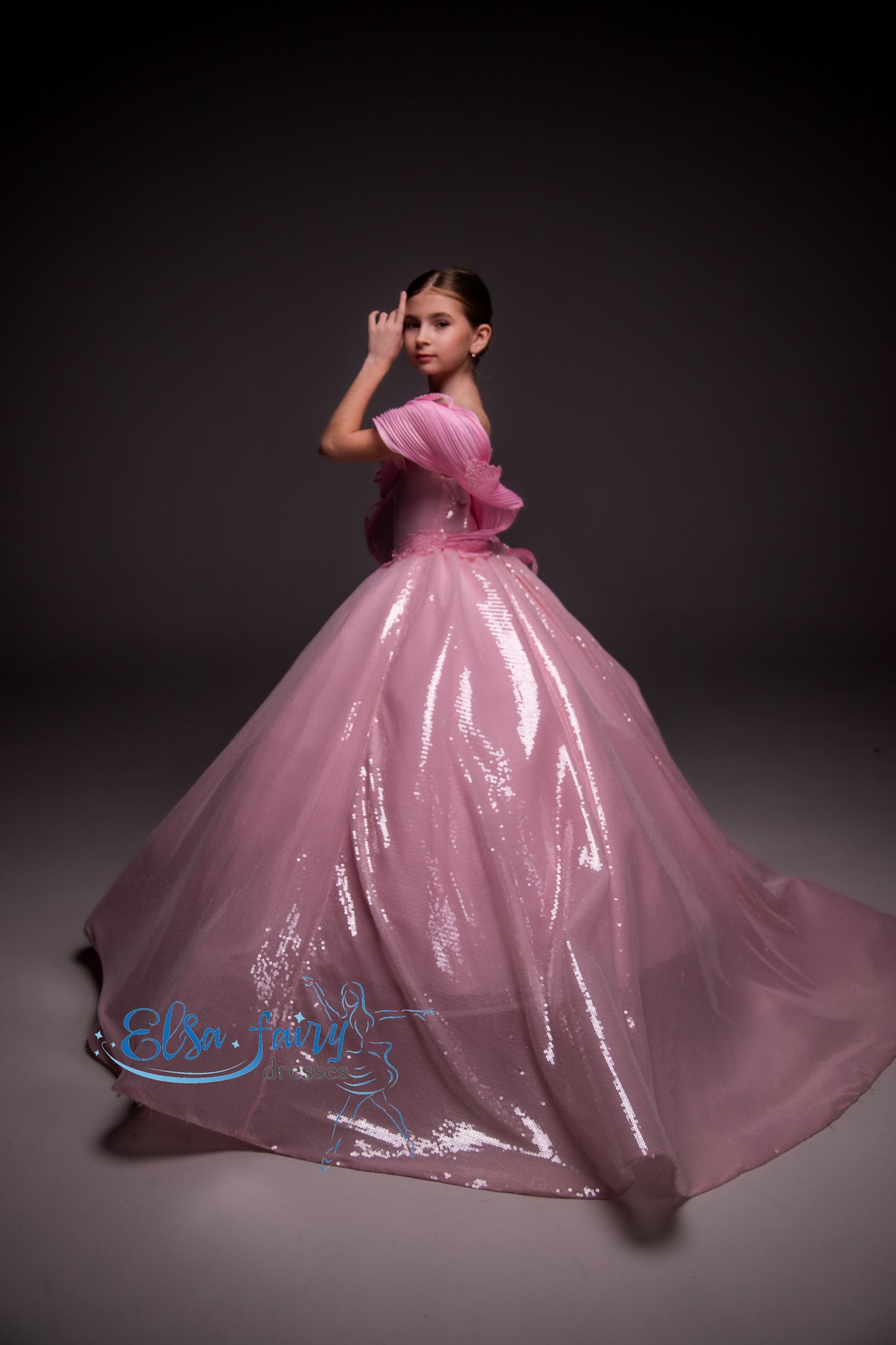 Pink couture Gala evening gown, Sequined Pageant ball gown, Birthday Girl Dress