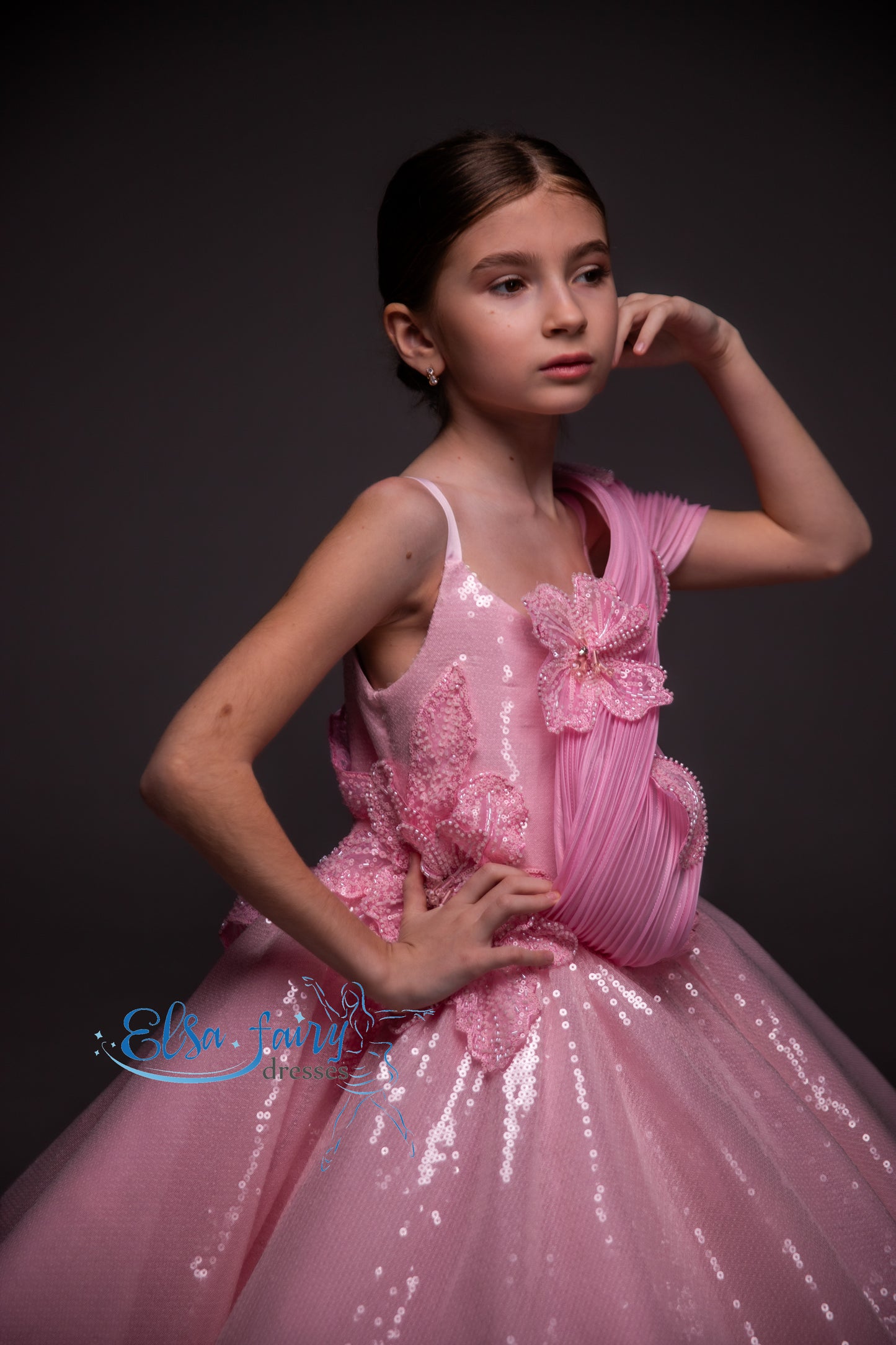 Pink couture Gala evening gown, Sequined Pageant ball gown, Birthday Girl Dress