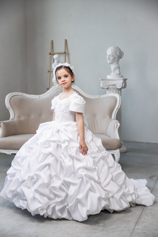 White Satin First Communion Dress: Handmade Satin Gown with puffy skirt and long train