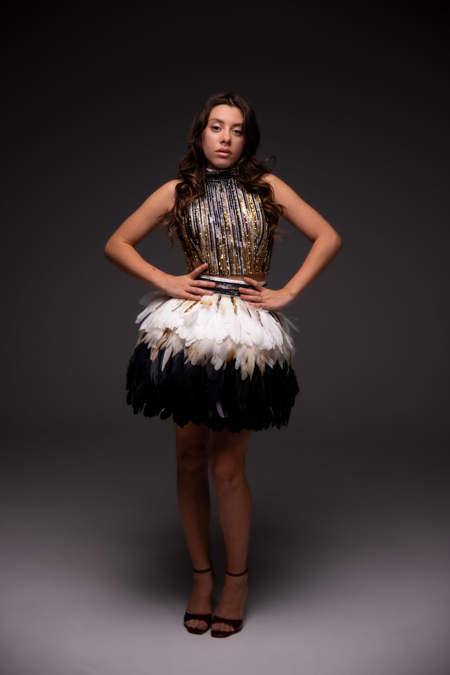 Gold feathers couture cocktail dress, Pageant interview dress, Birthday Girl Dress, Wedding guest Dress, Graduation dress
