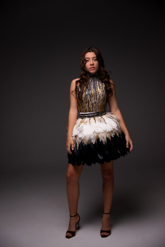 Gold feathers couture cocktail dress, Pageant interview dress, Birthday Girl Dress, Wedding guest Dress, Graduation dress