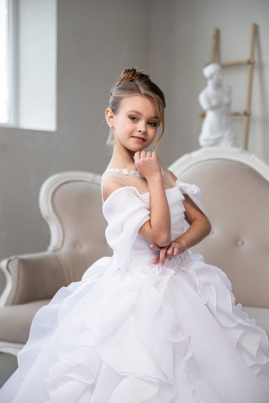 White Organza First Communion Dress: Handmade Organza Gown with structured skirt