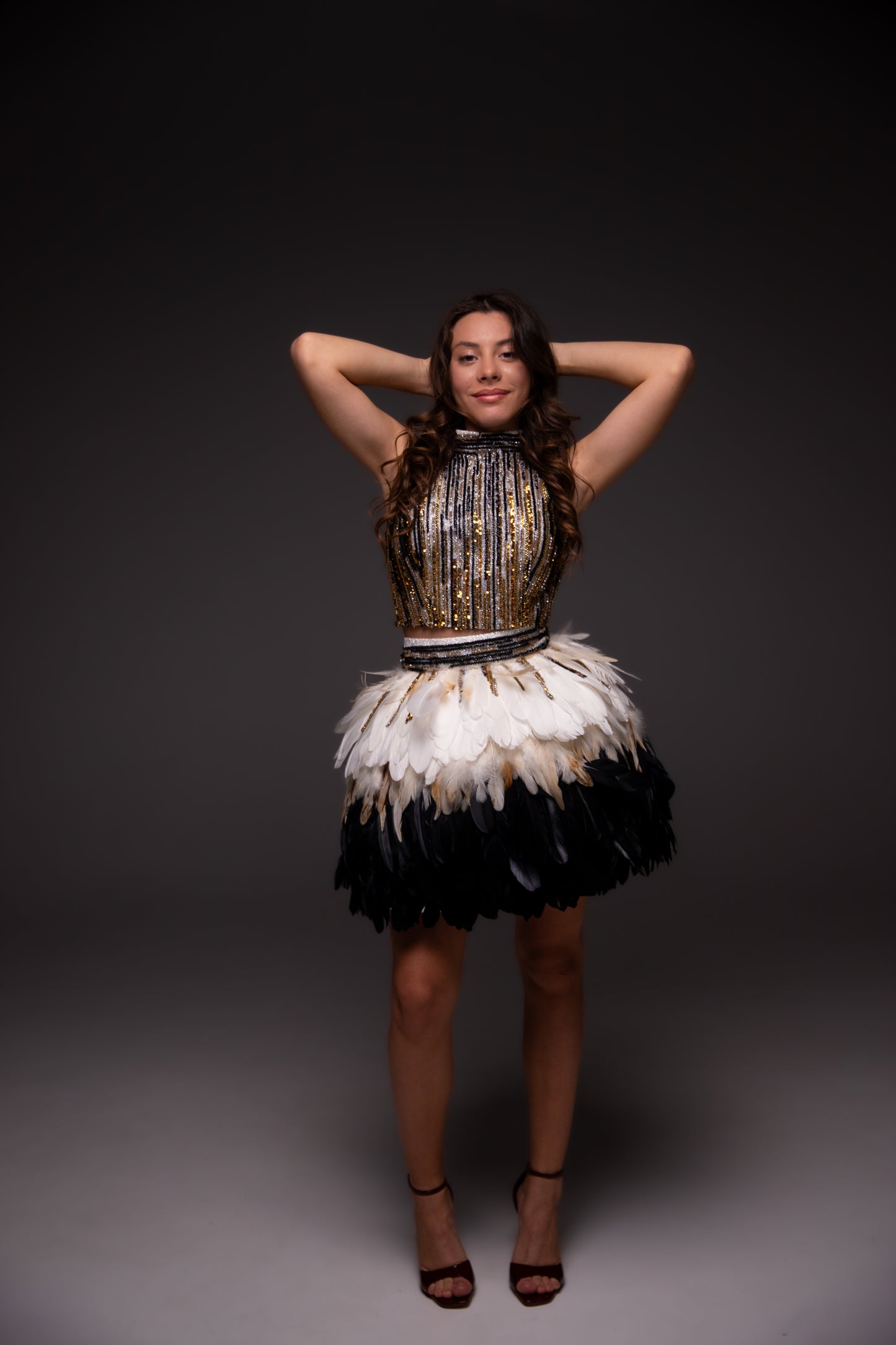 Gold feathers couture cocktail dress, Pageant interview dress, Birthday Girl Dress, Wedding guest Dress, Graduation dress