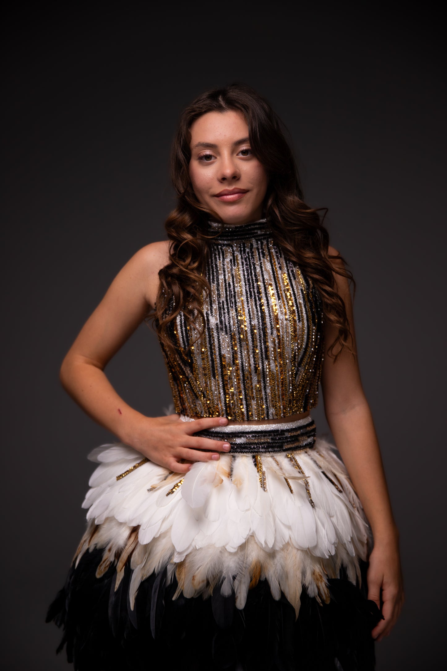 Gold feathers couture cocktail dress, Pageant interview dress, Birthday Girl Dress, Wedding guest Dress, Graduation dress
