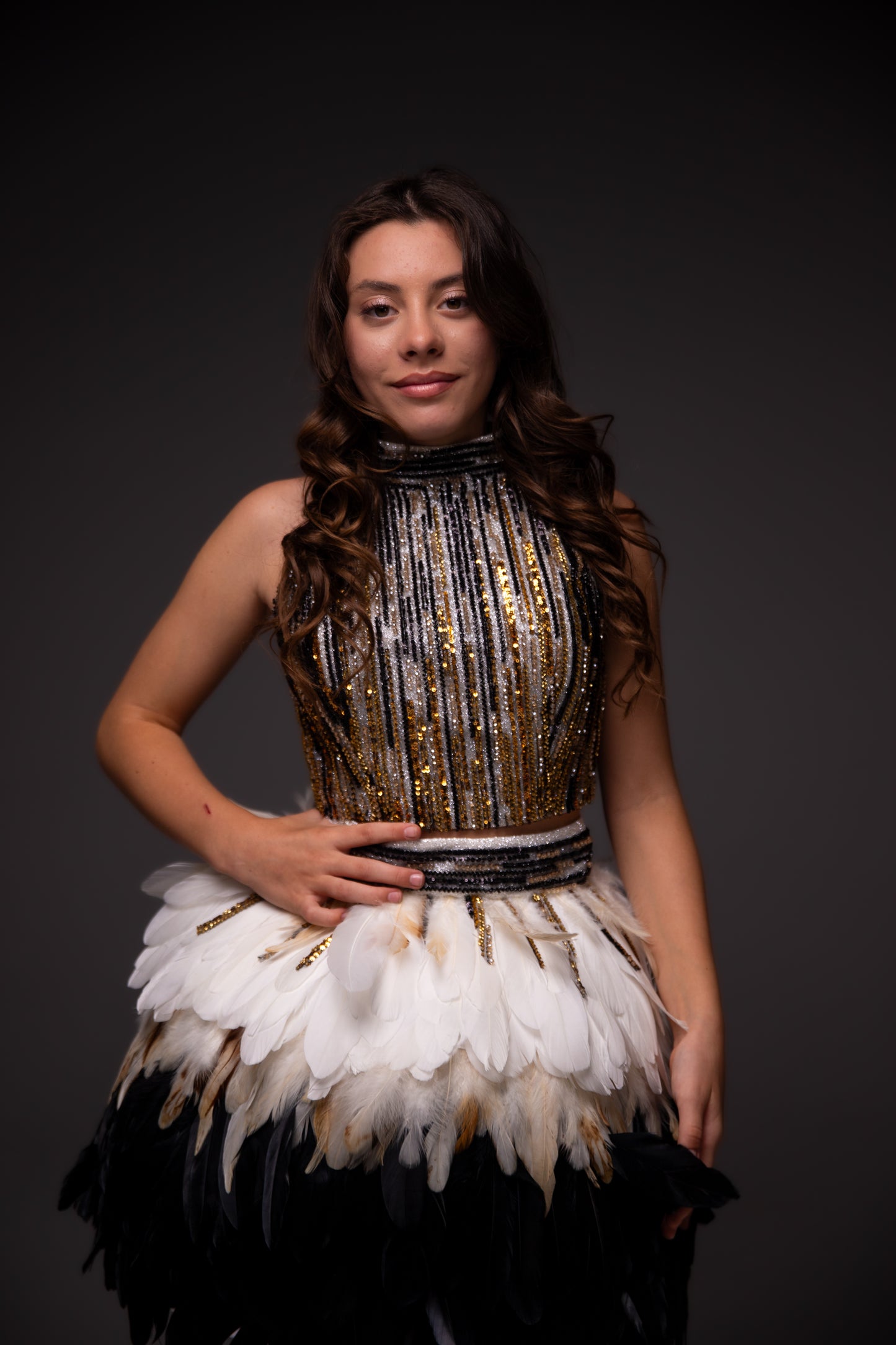 Gold feathers couture cocktail dress, Pageant interview dress, Birthday Girl Dress, Wedding guest Dress, Graduation dress