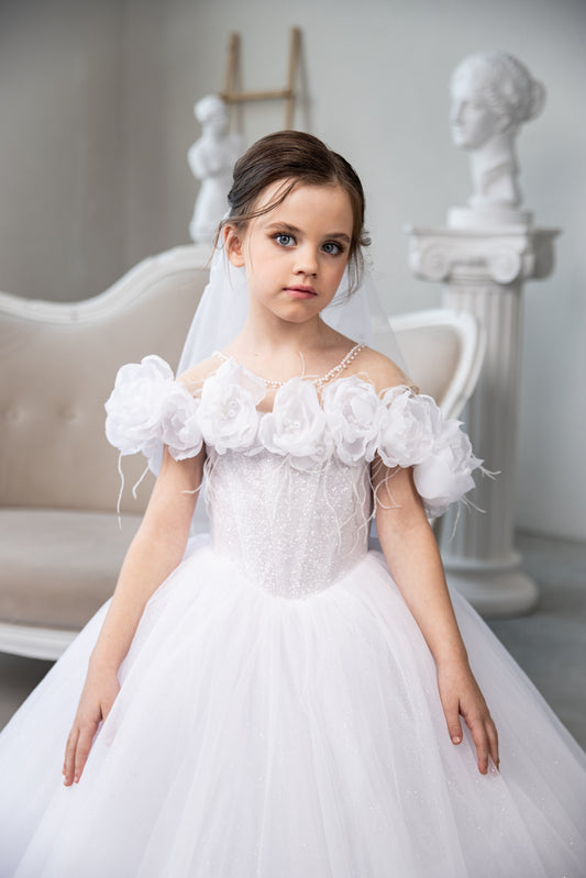 White Flowered First Communion Dress: Handmade Tulle Gown with Organza Flowers